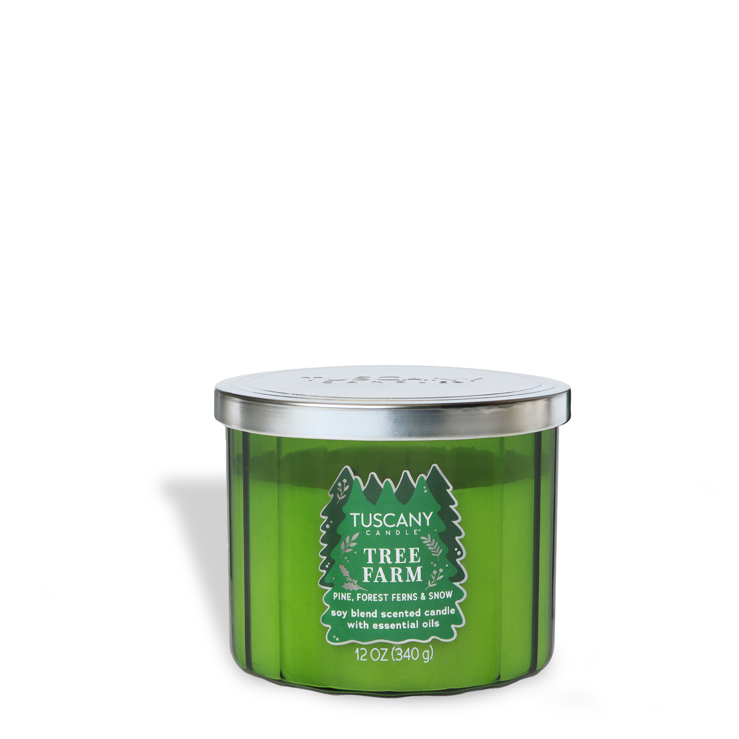 The Tuscany Candle® SEASONAL Tree Farm: Forest Ferns & Snow Scented Holiday Candle (12 oz), from the Winter Icons Collection, features a green jar with a metal lid and a fresh pine, forest fern, and snow fragrance with essential oils.