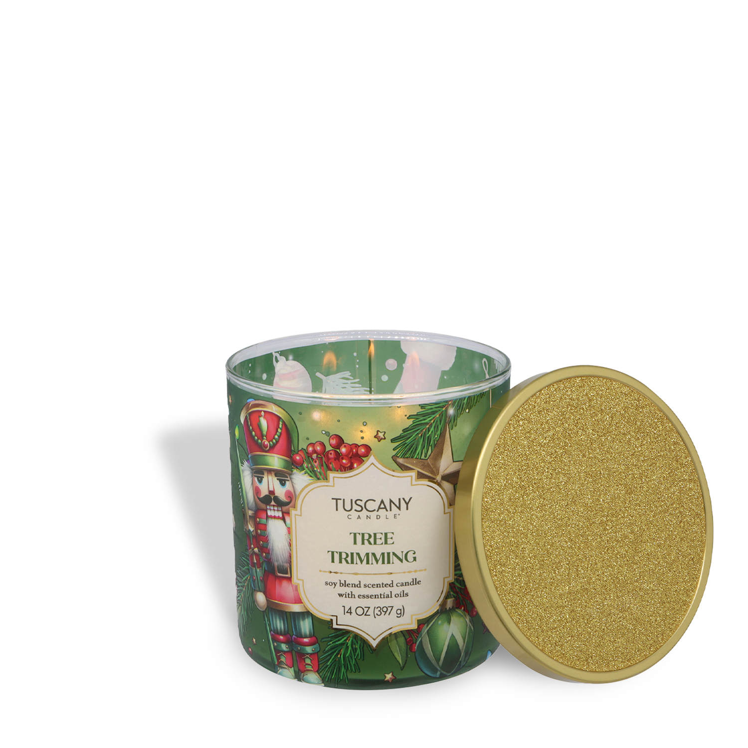 A 14 oz Tuscany Candle® SEASONAL Tree Trimming: Frosted Fir & Juniper Holiday Candle from the Traditions Collection, featuring festive designs and a gold glitter lid.