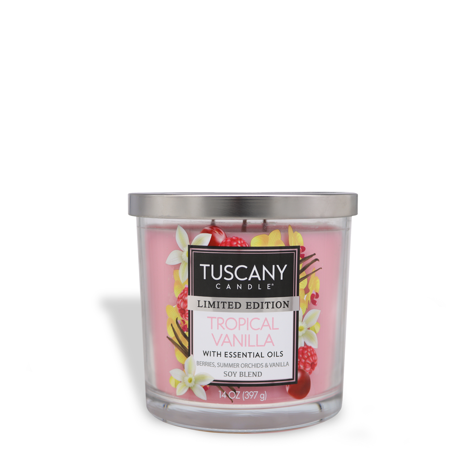 The Tuscany Candle® SEASONAL Tropical Vanilla: Berries & Vanilla Scented Summer Candle (14 oz) features fruity notes and comes in a clear glass jar with a silver lid, perfect for summer.