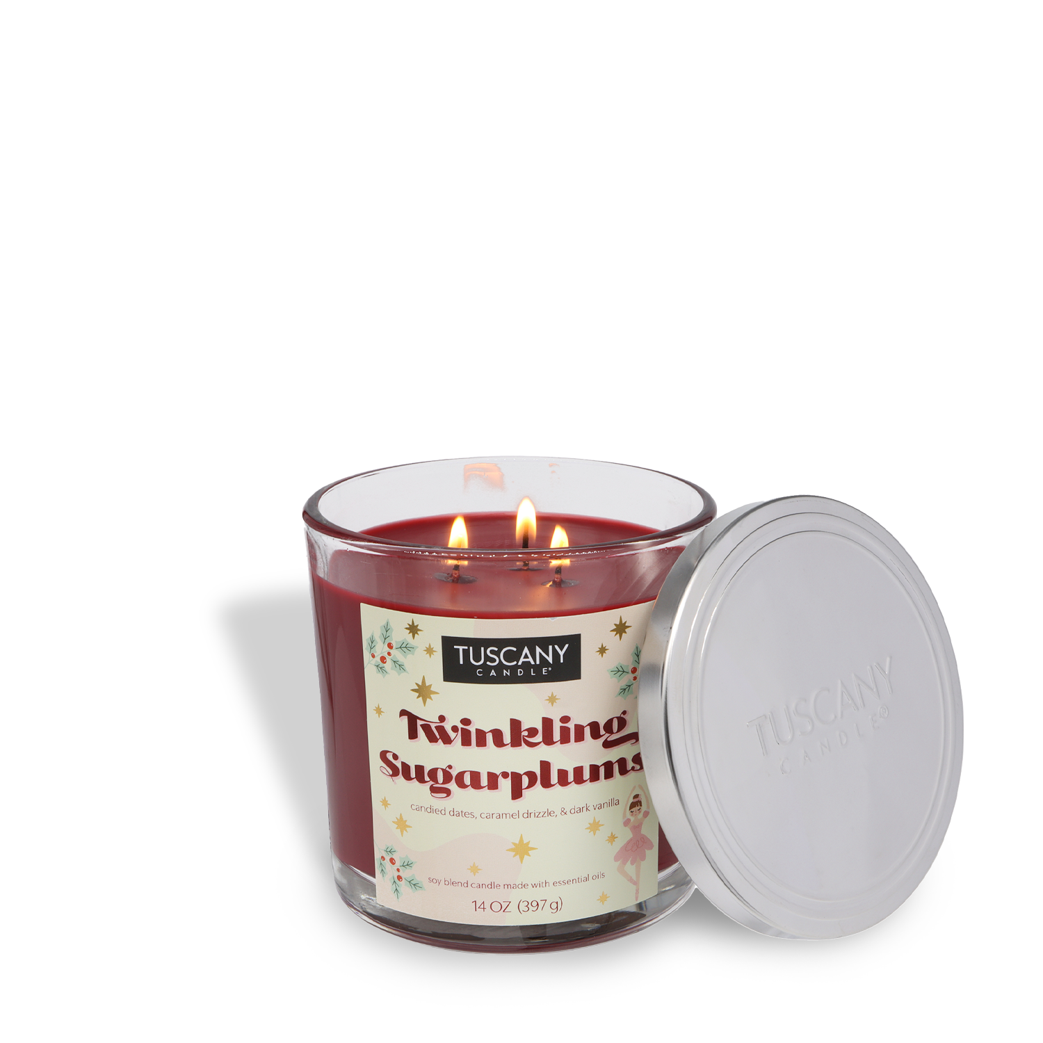 A 14 oz Tuscany Candle® SEASONAL Twinkling Sugarplums Scented Holiday Candle with two wicks burns as its silver lid rests beside the glass jar.