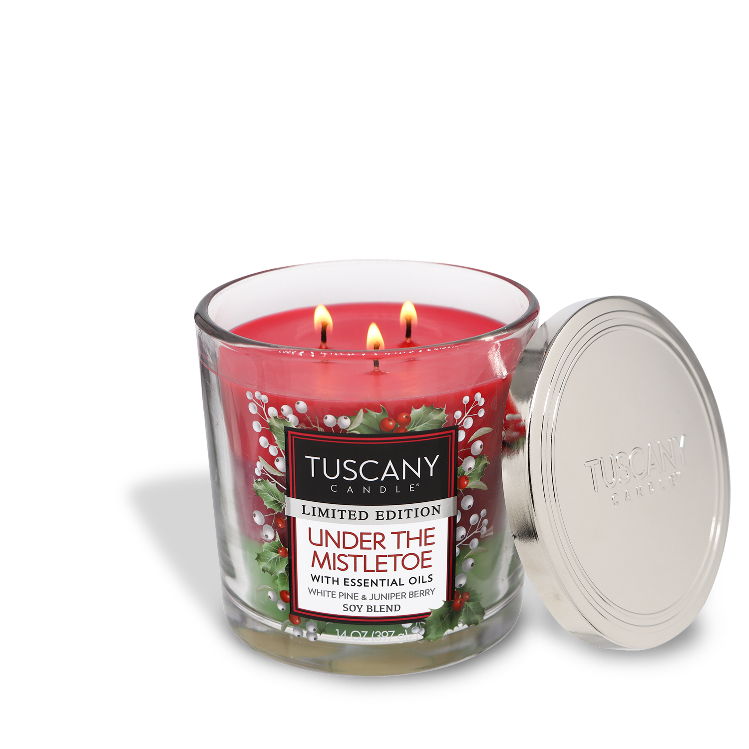 14oz Under The Mistletoe scented candle in a glass jar with a silver lid, showcasing layered wax in three holiday colors and emanating notes of white pine, juniper berry, cedar, and suede from the Christmas candle collection.