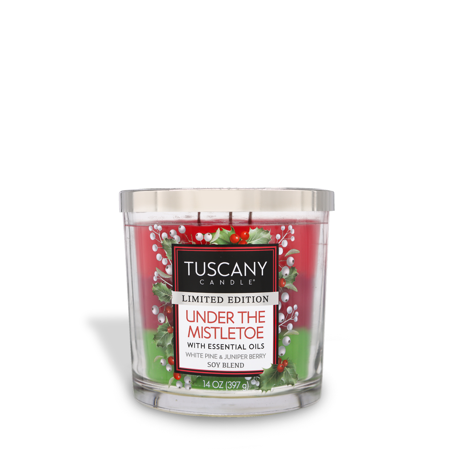 14oz Under The Mistletoe scented candle in a glass jar with a silver lid, showcasing layered wax in three holiday colors and emanating notes of white pine, juniper berry, cedar, and suede from the Christmas candle collection.