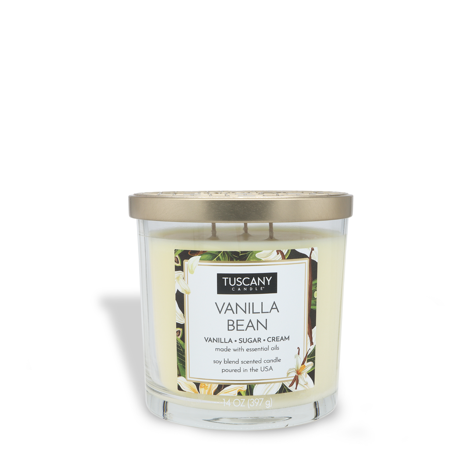 A 14 oz Vanilla Bean Long-Lasting Scented Jar Candle by Tuscany Candle® EVD, featuring a glass jar with a gold lid and infused with essential oils.