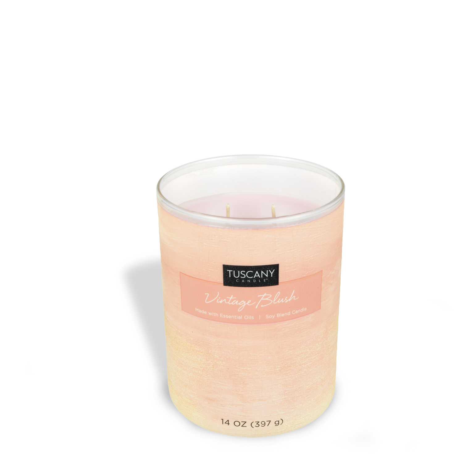 The 14 oz Vintage Blush Scented Jar Candle from Tuscany Candle® EVD, part of the Home Décor Collection, features a soft pink design with two wicks and a soy blend made using essential oils.