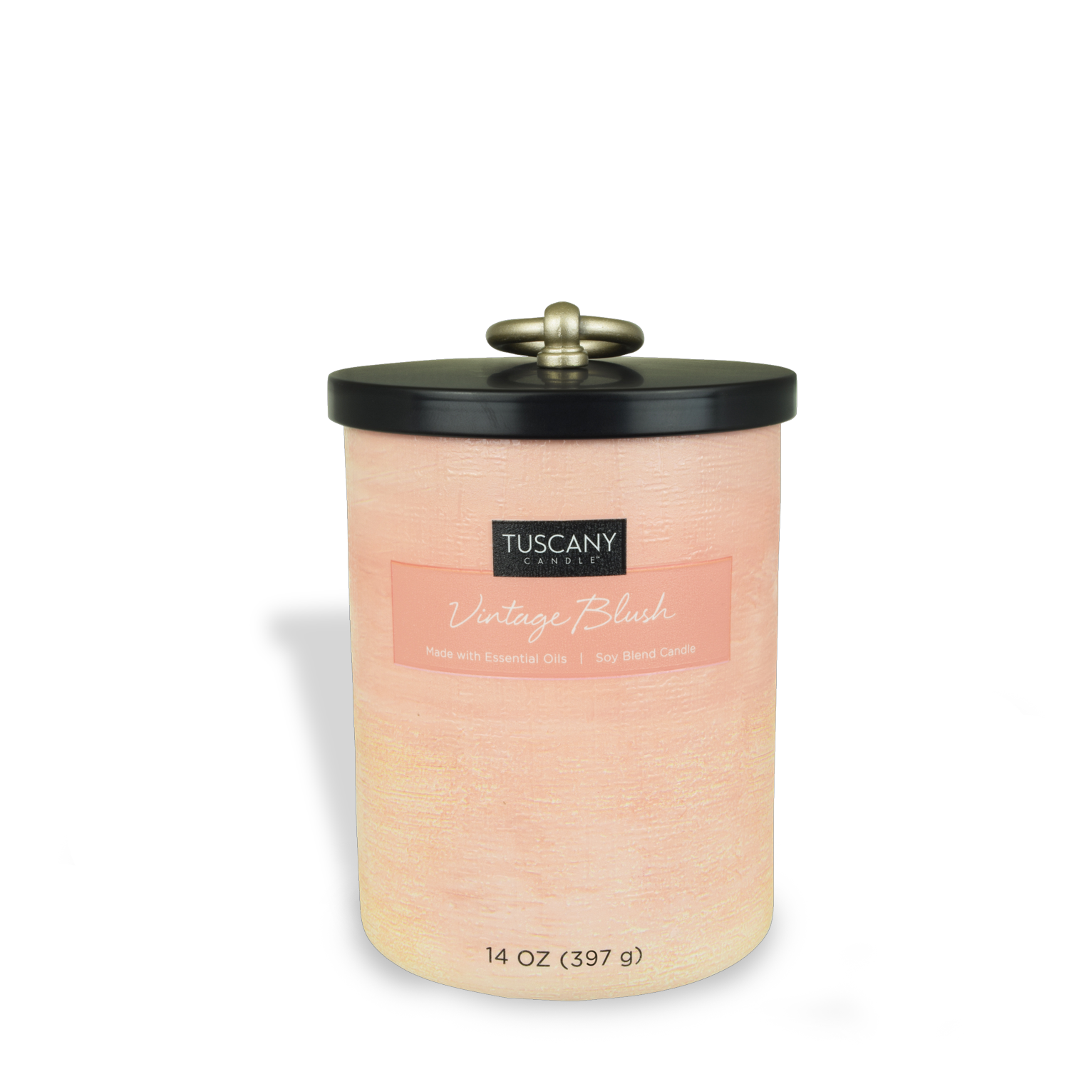 Tuscany Candle® EVD's 14 oz Vintage Blush Scented Jar Candle from the Home Décor Collection features a pink hue, black lid, and metal handle.