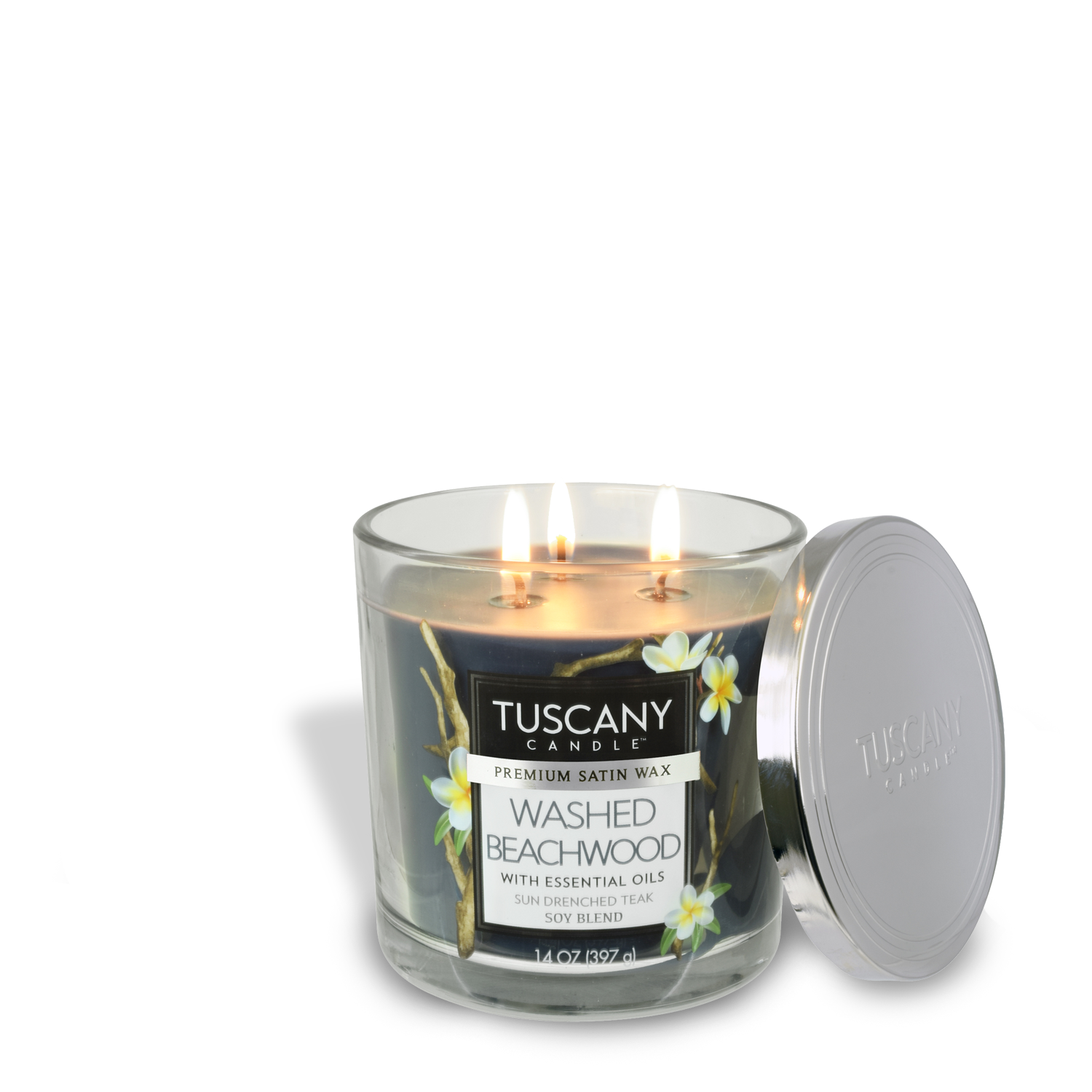 Tuscany Candle Washed Beachwood Long-Lasting Scented Jar Candle (14 oz) with coconut fragrance notes.