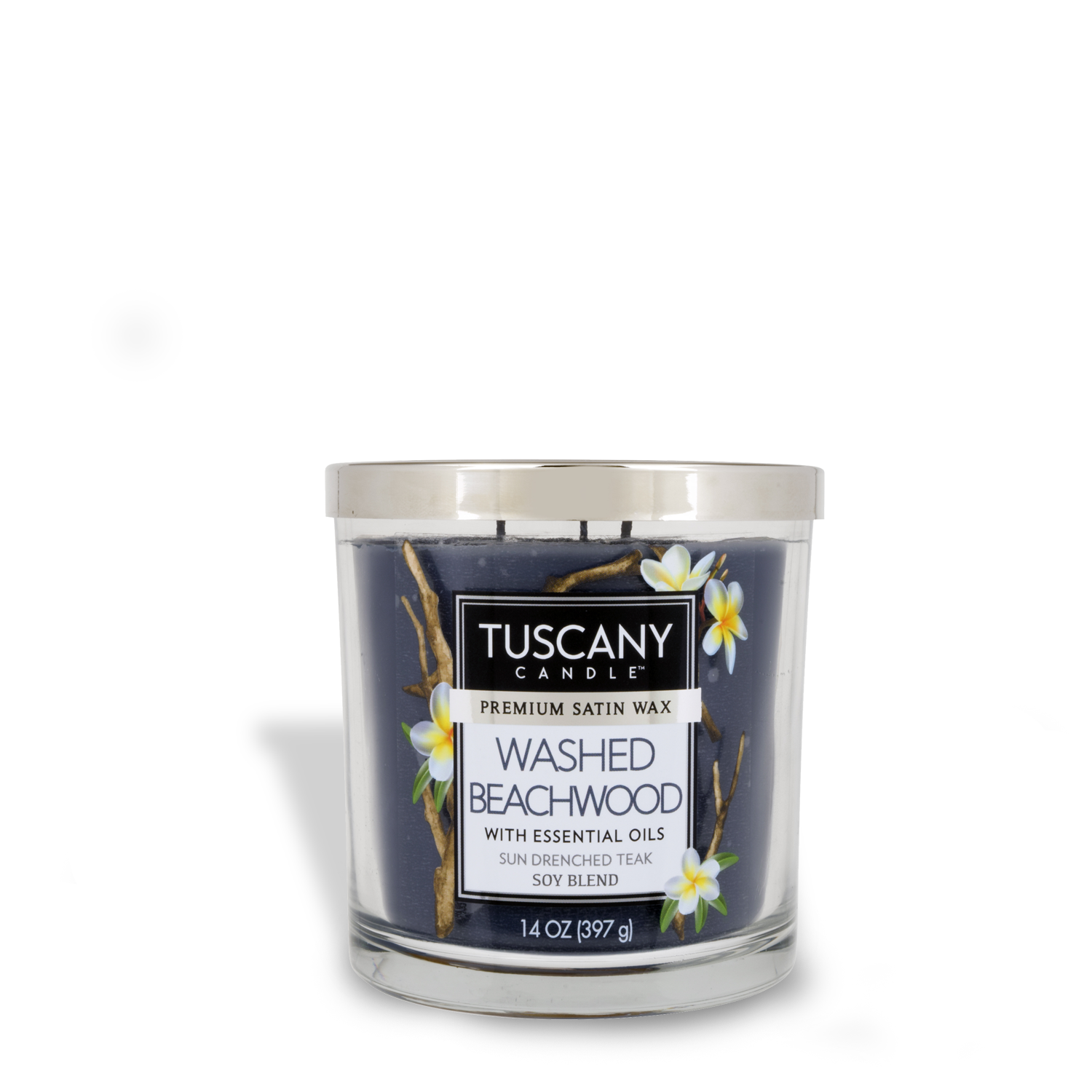 Tuscany Candle washed beachwood long-lasting scented jar candle (14 oz) with hints of teakwood.