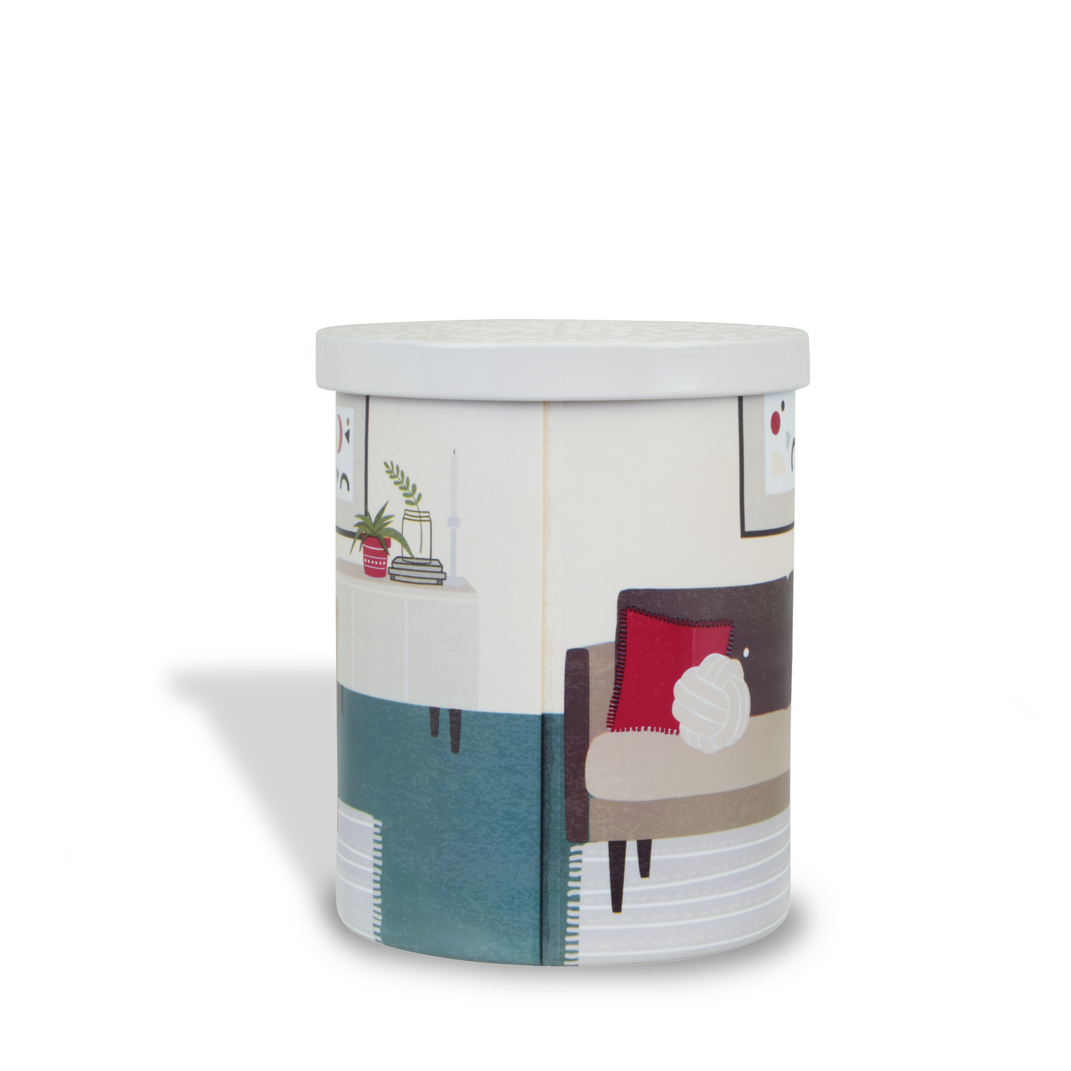 A white container with a picture of a living room that promotes Weekend Cuddles Scented Jar Candle (14 oz) – Pet Odor Control Collection by Tuscany Candle and the use of candles to neutralize odors.
