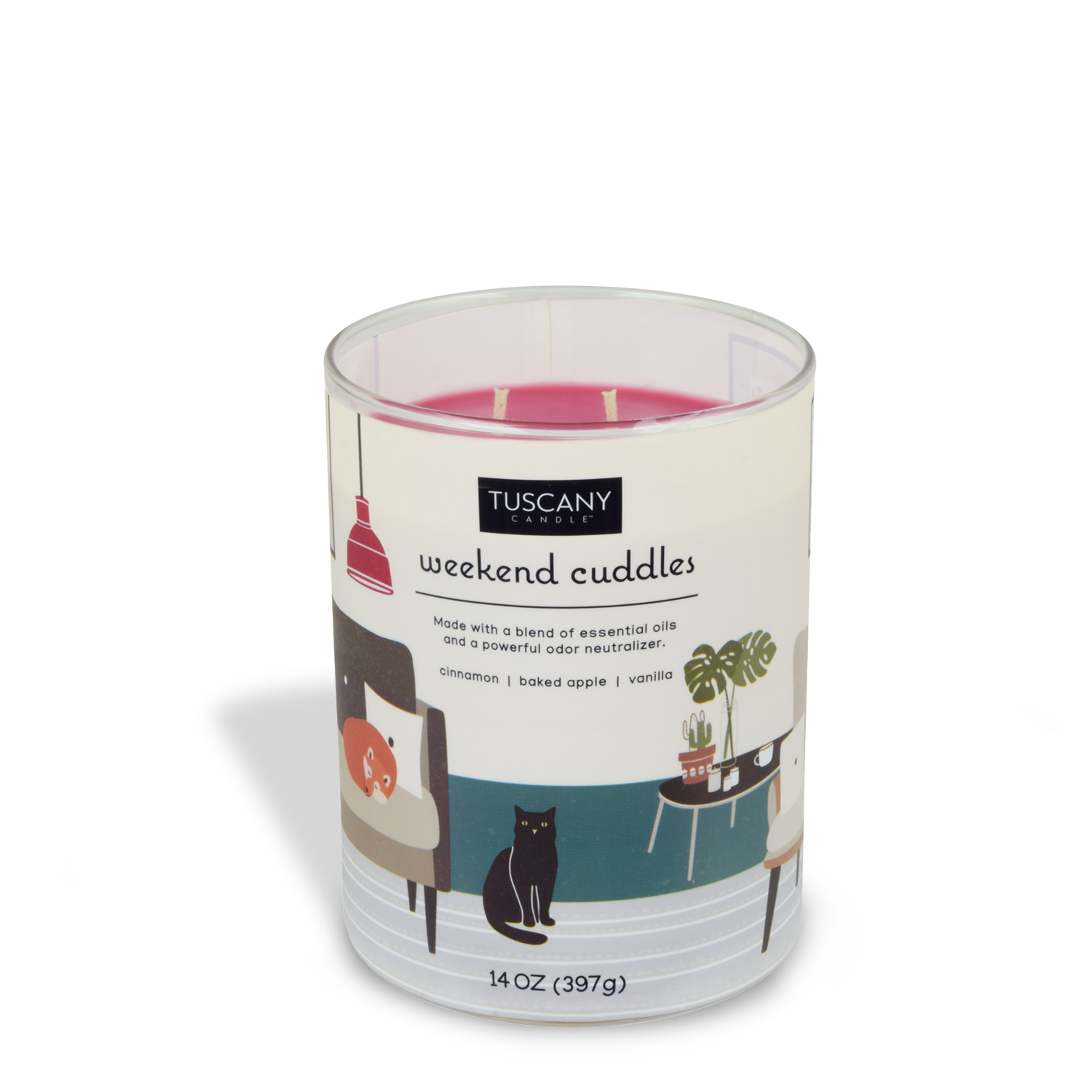 A Weekend Cuddles Scented Jar Candle (14 oz) – Pet Odor Control Collection by Tuscany Candle, with an image of a cat on a couch, designed to neutralize pet odors.