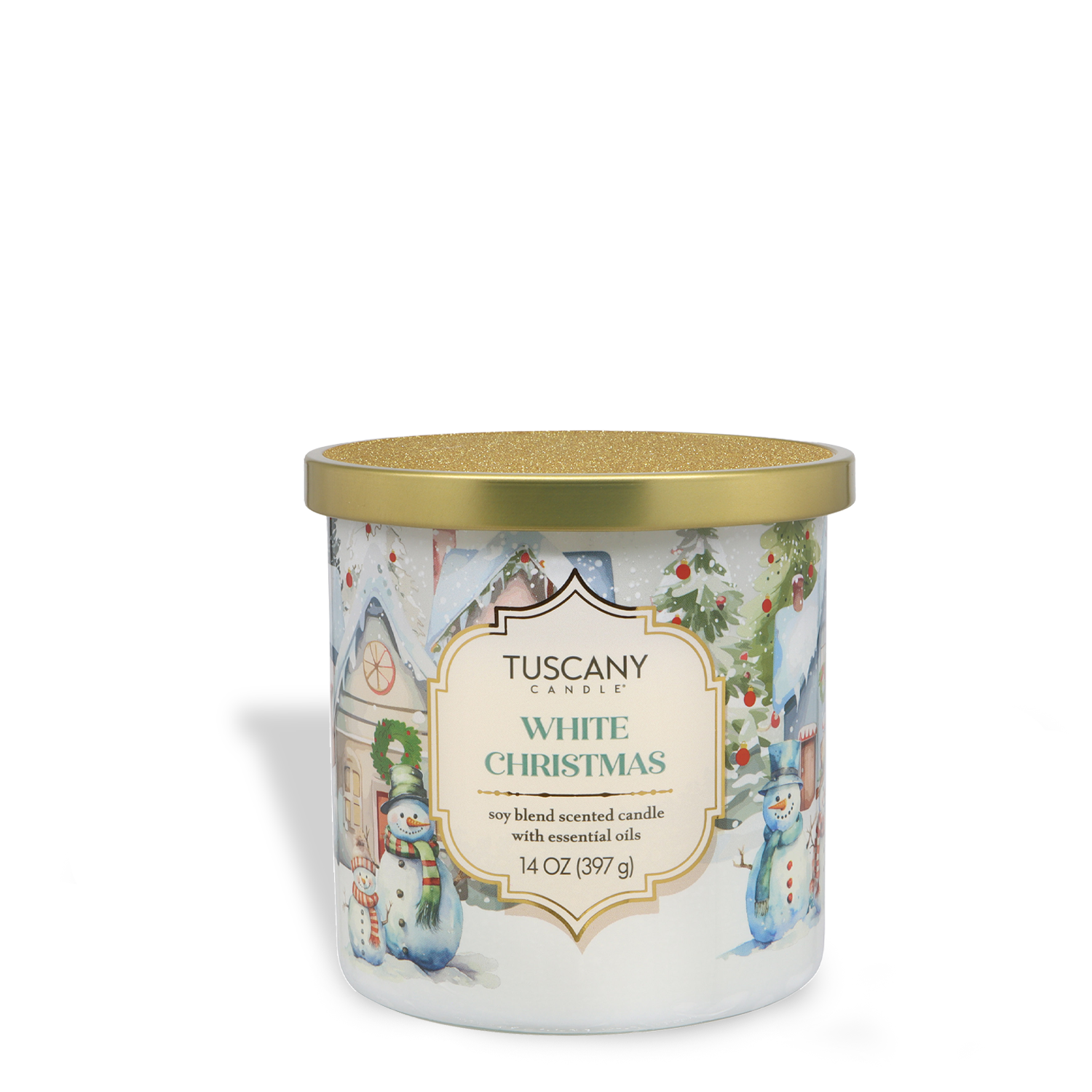 A 14 oz Tuscany Candle® SEASONAL "White Christmas: Fresh Snow & Soft Woods" from the Traditions Collection, featuring a festive winter scene on the container and a gold-colored lid.