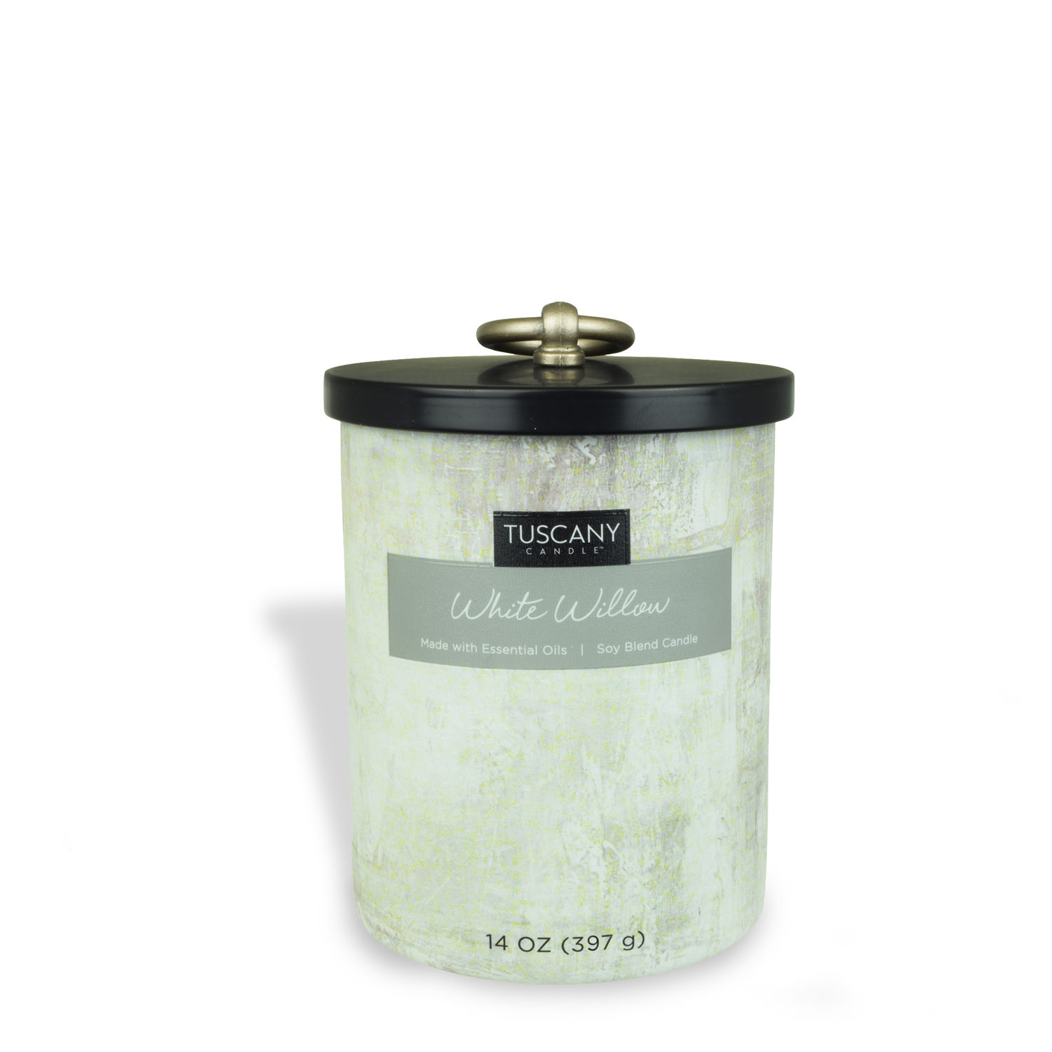 A White Willow Scented Jar Candle (14 oz) in the Tuscany Candle Home Décor Collection, emitting soothing FRAGRANCE NOTES.