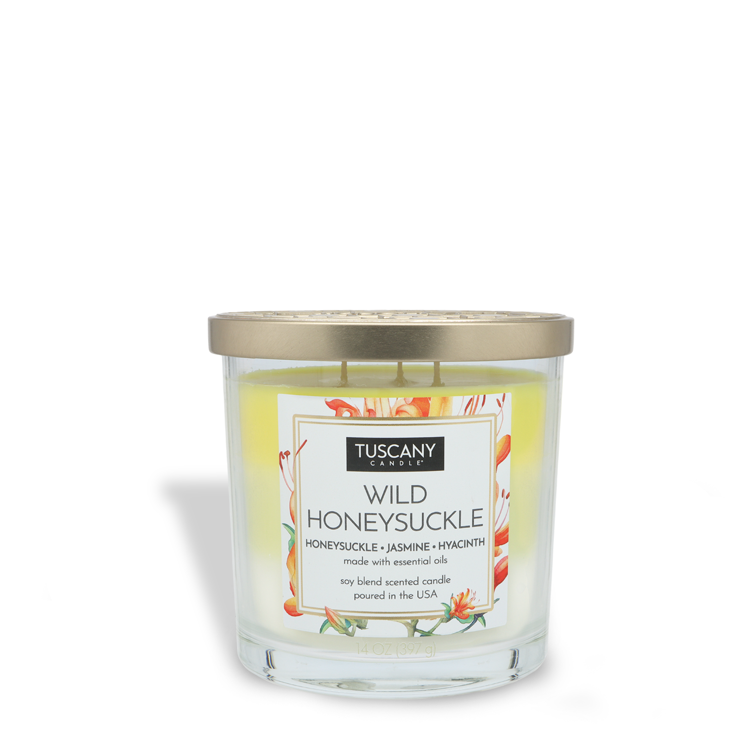 The Tuscany Candle® EVD Wild Honeysuckle Long-Lasting Scented Jar Candle (14 oz) features a clear glass jar with a gold lid and fills your space with floral notes of honeysuckle, jasmine, and hyacinth.