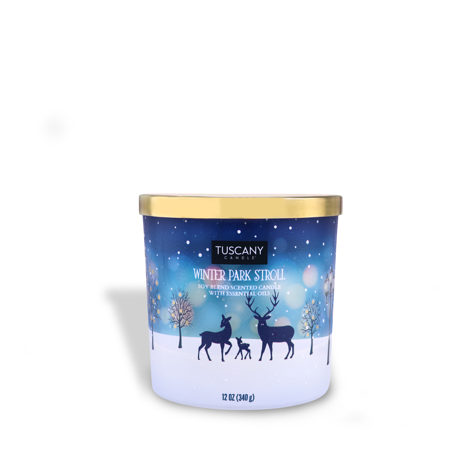 Winter Park Stroll scented candle from the Christmas collection, in a decorative glass jar with a golden lid, presented against a white background