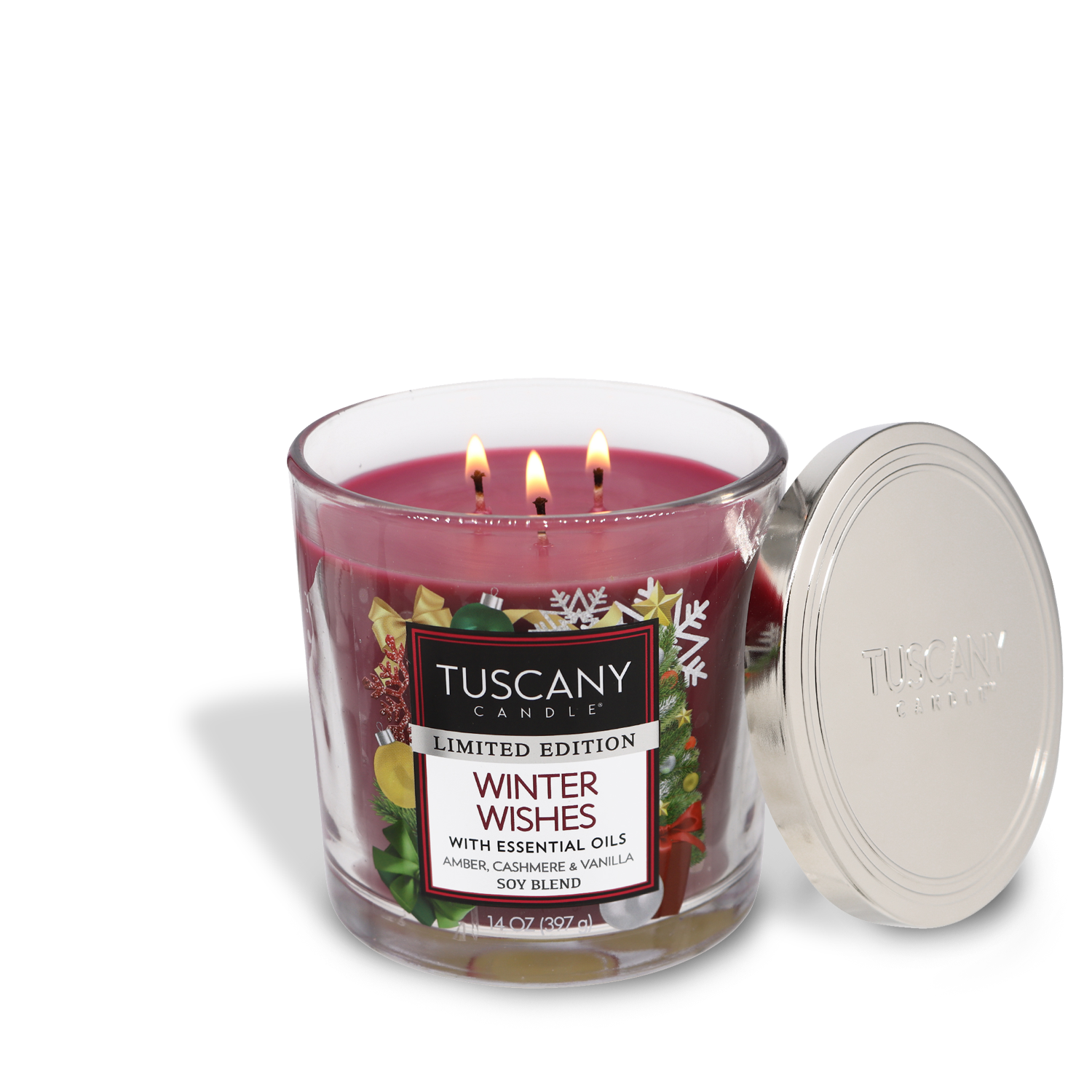 14oz Winter Wishes scented candle in a glass jar with a silver lid, molded from deep burgundy wax and radiating scents of cashmere, amber, and vanilla from the Christmas candle collection.