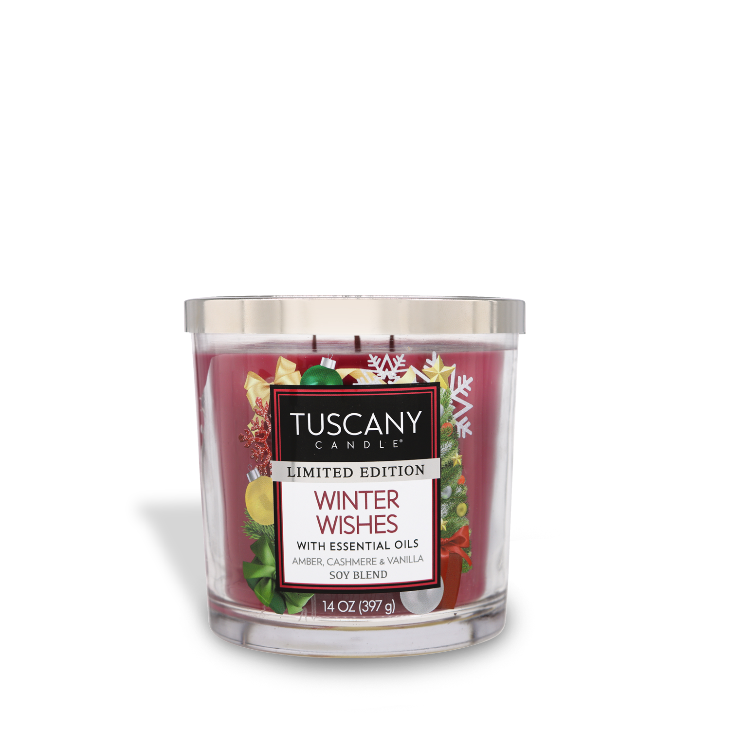 14oz Winter Wishes scented candle in a glass jar with a silver lid, molded from deep burgundy wax and radiating scents of cashmere, amber, and vanilla from the Christmas candle collection.