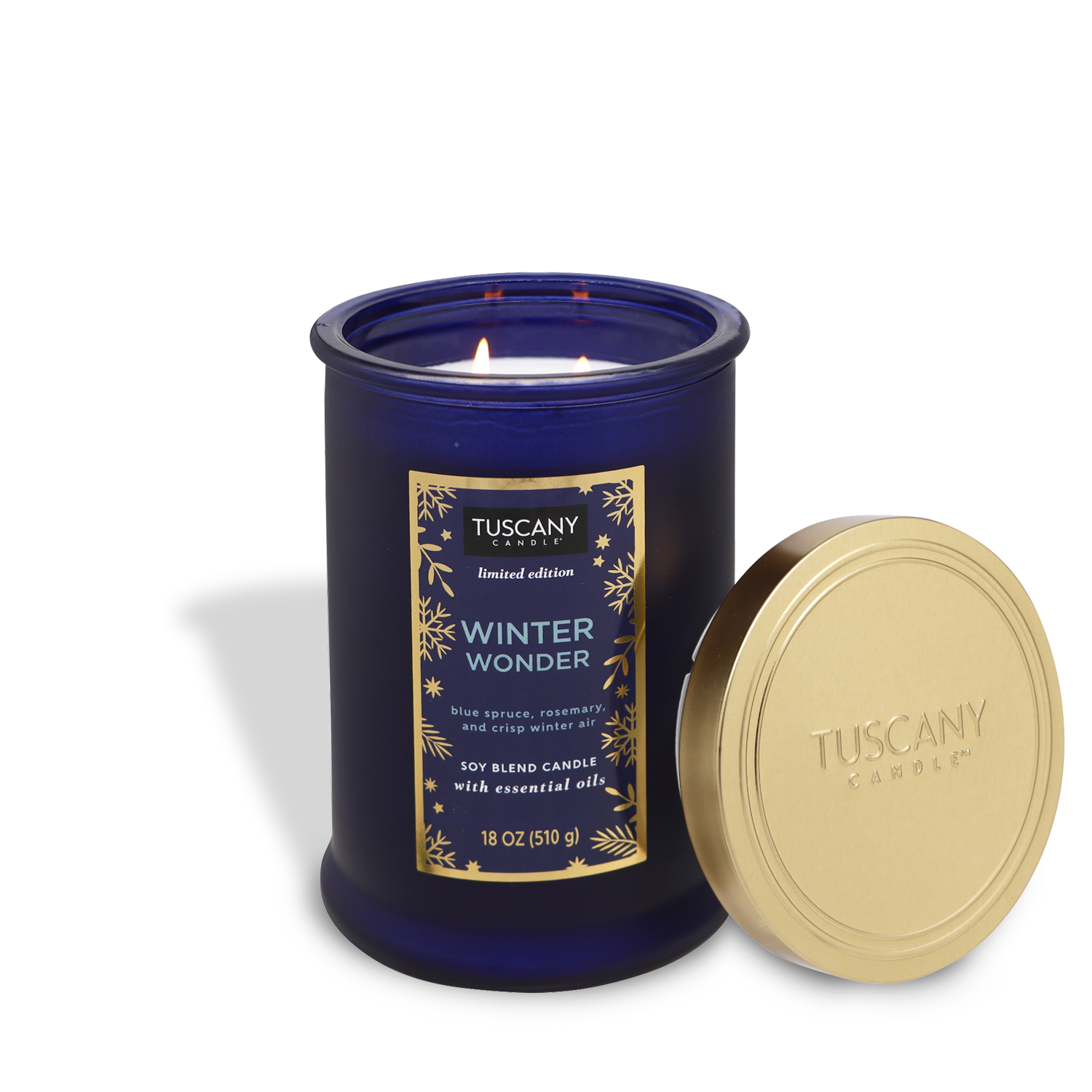 18oz Winter Wonder candle in a deep blue glass jar with a gold lid, showcasing bright green marbled wax and two lead-free wicks, radiating scents of blue spruce, rosemary, and crisp winter air, perfect for festive and winter ambiance.