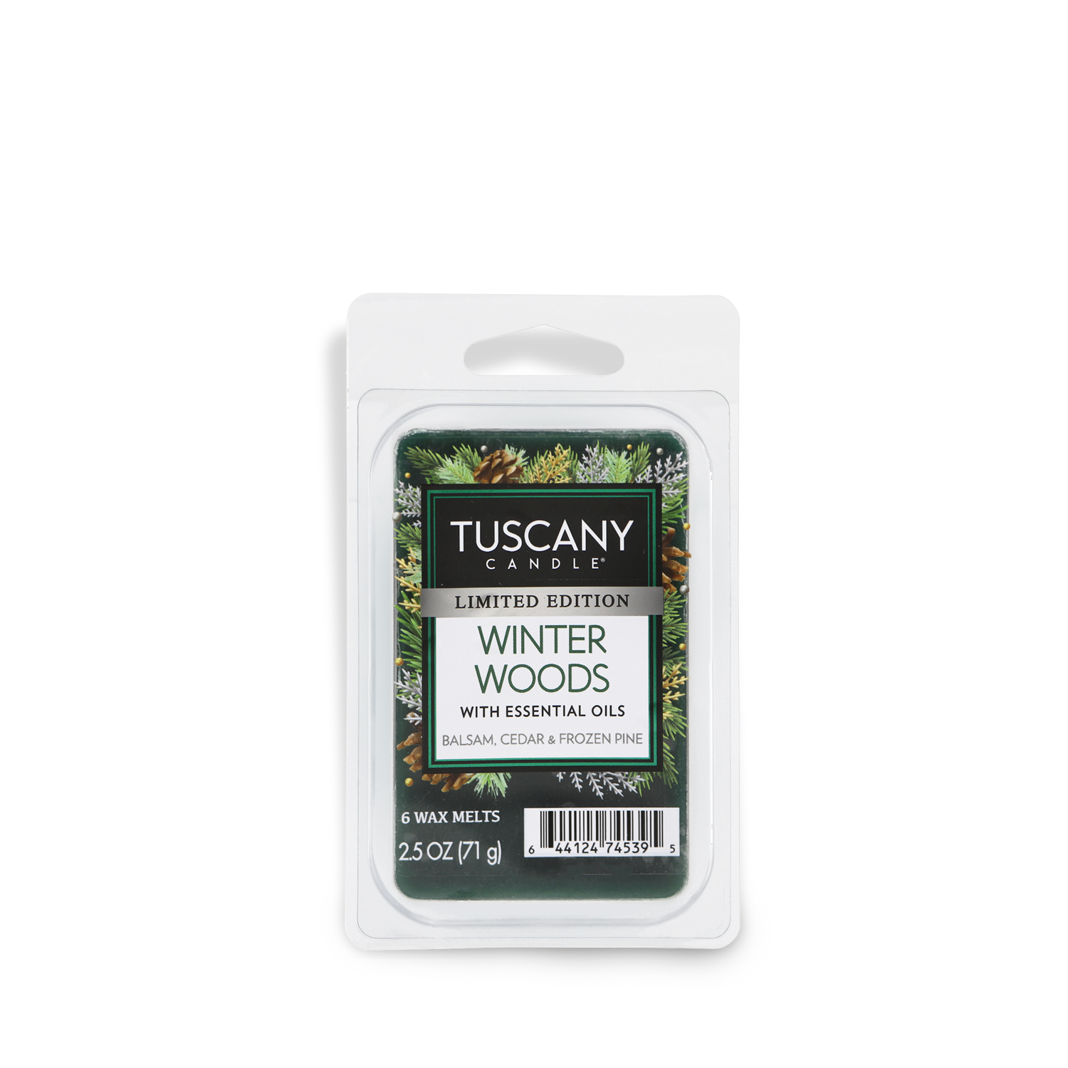 A photo of a Winter Woods Holiday Wax Melt in a deep green wax