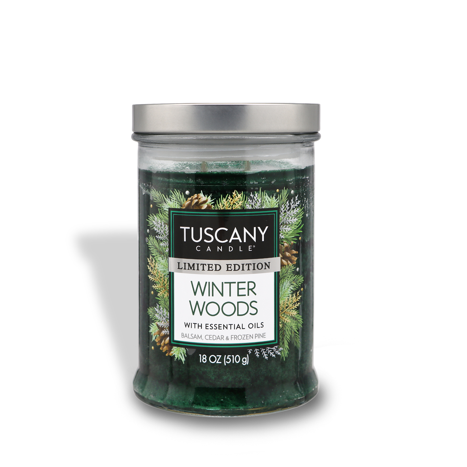 18oz Winter Woods candle in a clear glass jar with a silver lid, revealing deep green marbled wax and two lead-free wicks, exuding scents of winter balsam, cedar wood, and frozen pine needles, capturing the essence of festive winter forests
