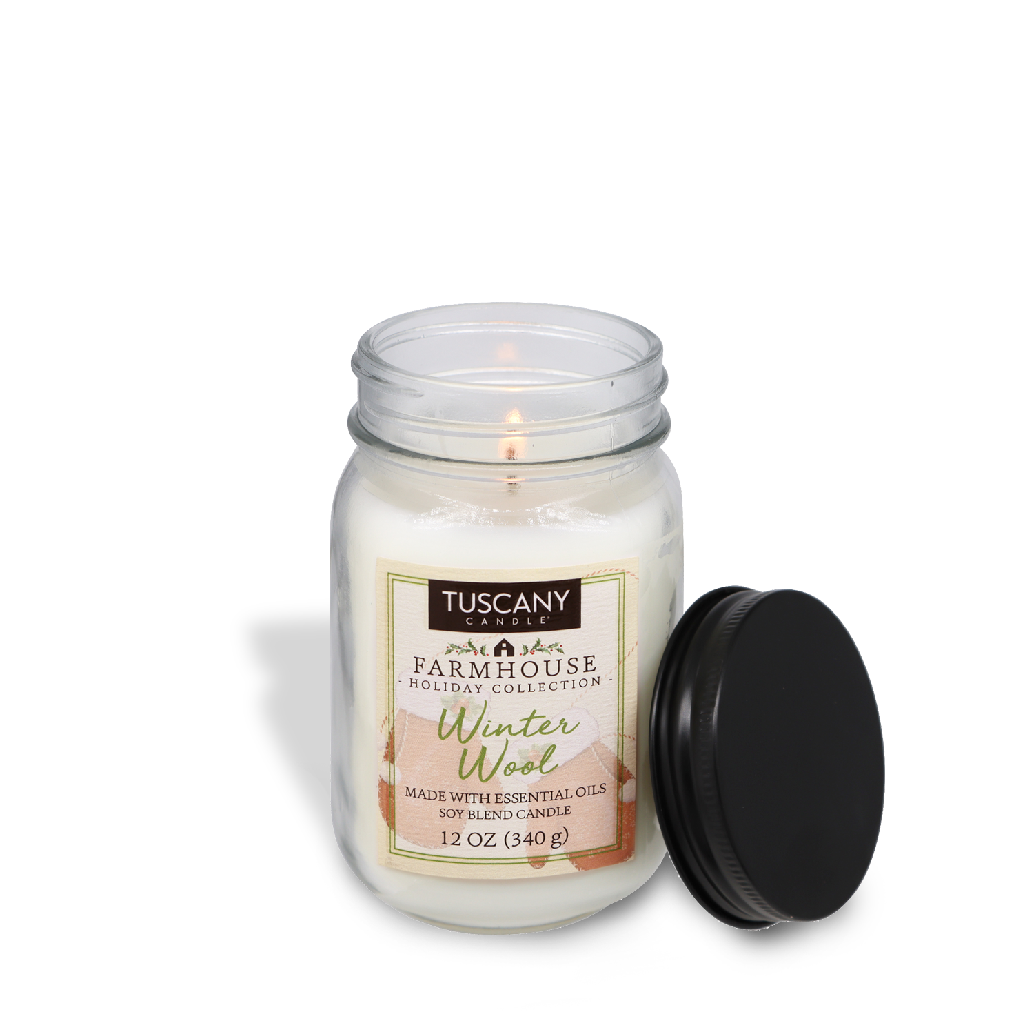 Winter Wool scented candle from the Farmhouse Christmas collection, encased in a mason jar with a matte black lid, set against a white background.