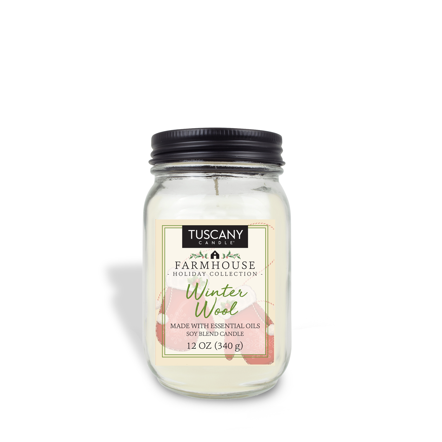 Winter Wool scented candle from the Farmhouse Christmas collection, encased in a mason jar with a matte black lid, set against a white background.