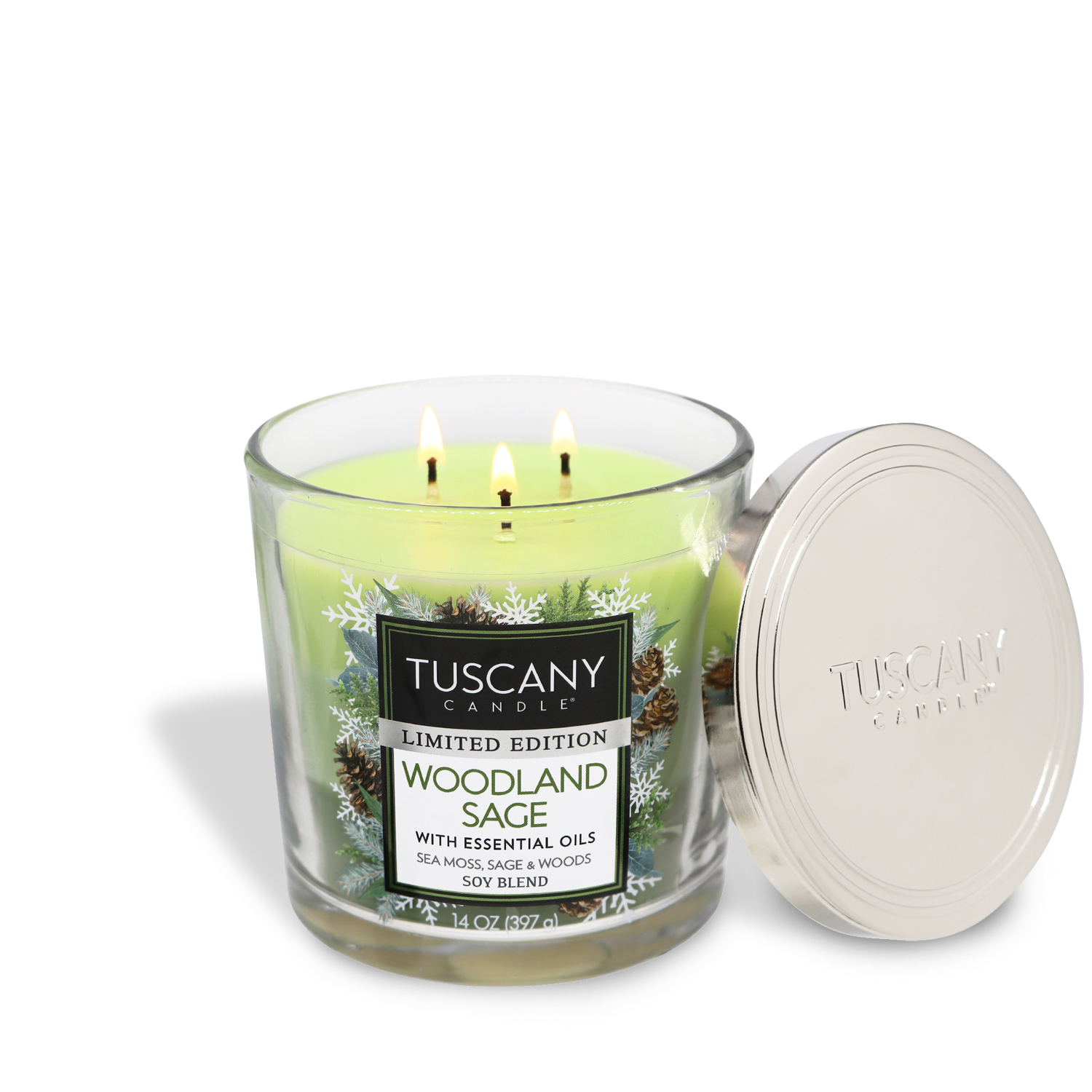 14oz Woodland Sage scented candle in a glass jar with a silver lid, featuring three layers of varying green wax shades, exuding fragrances of sea moss, sage, frozen woods, vetiver, and black pepper from the Christmas candle collection.