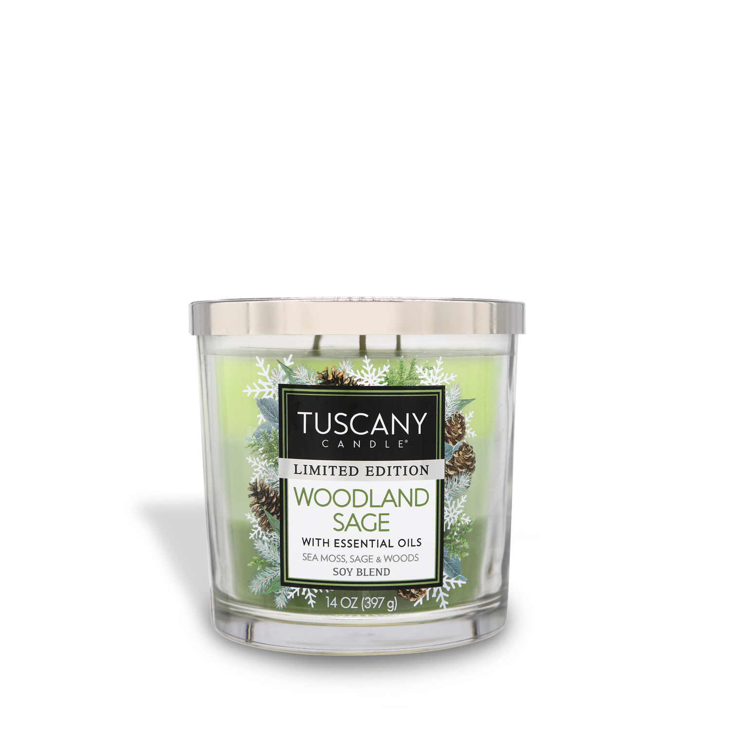 14oz Woodland Sage scented candle in a glass jar with a silver lid, featuring three layers of varying green wax shades, exuding fragrances of sea moss, sage, frozen woods, vetiver, and black pepper from the Christmas candle collection.