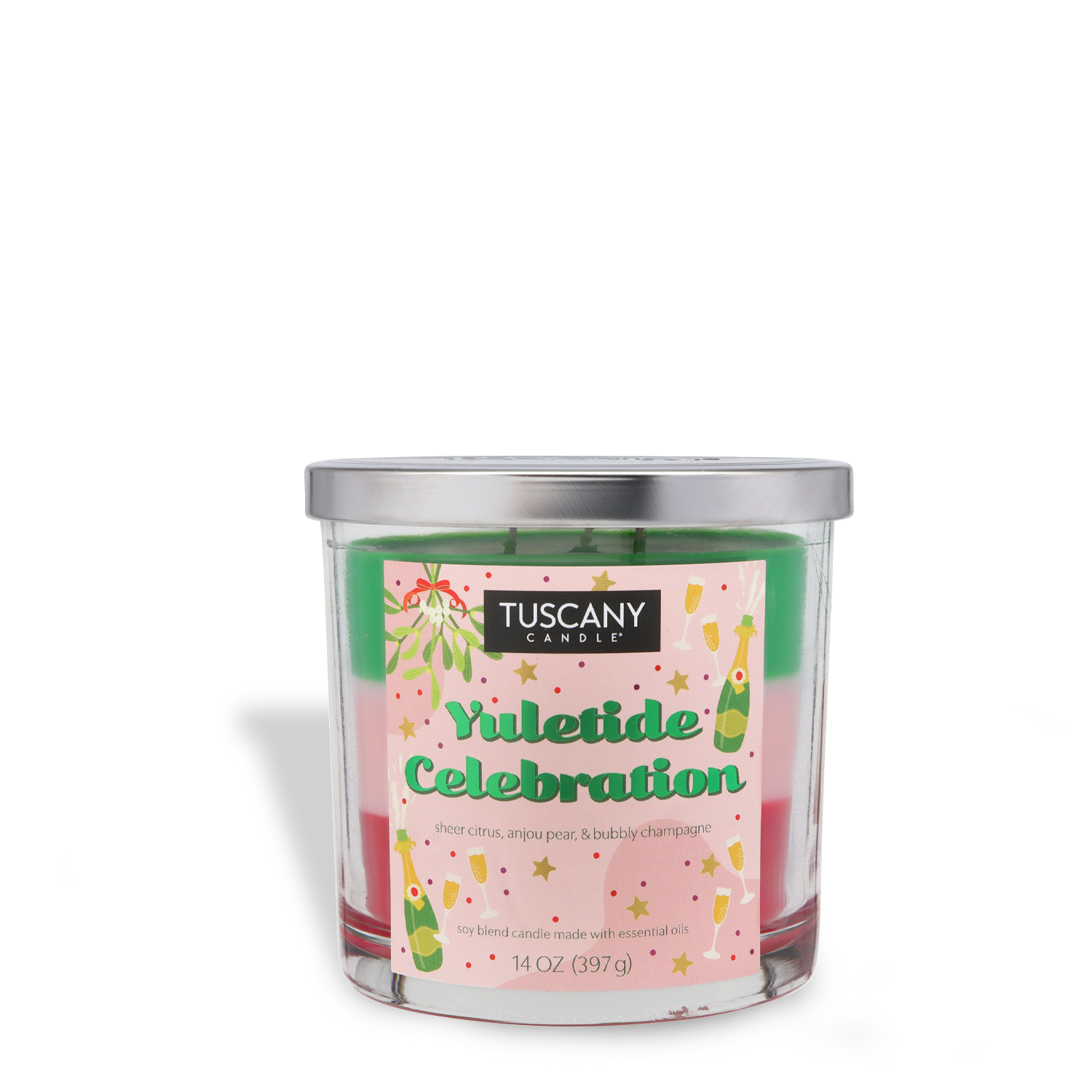 The Tuscany Candle® SEASONAL Yuletide Celebration Scented Holiday Candle (14 oz) features festive graphics, a silver lid, and pink wax in a clear glass jar.