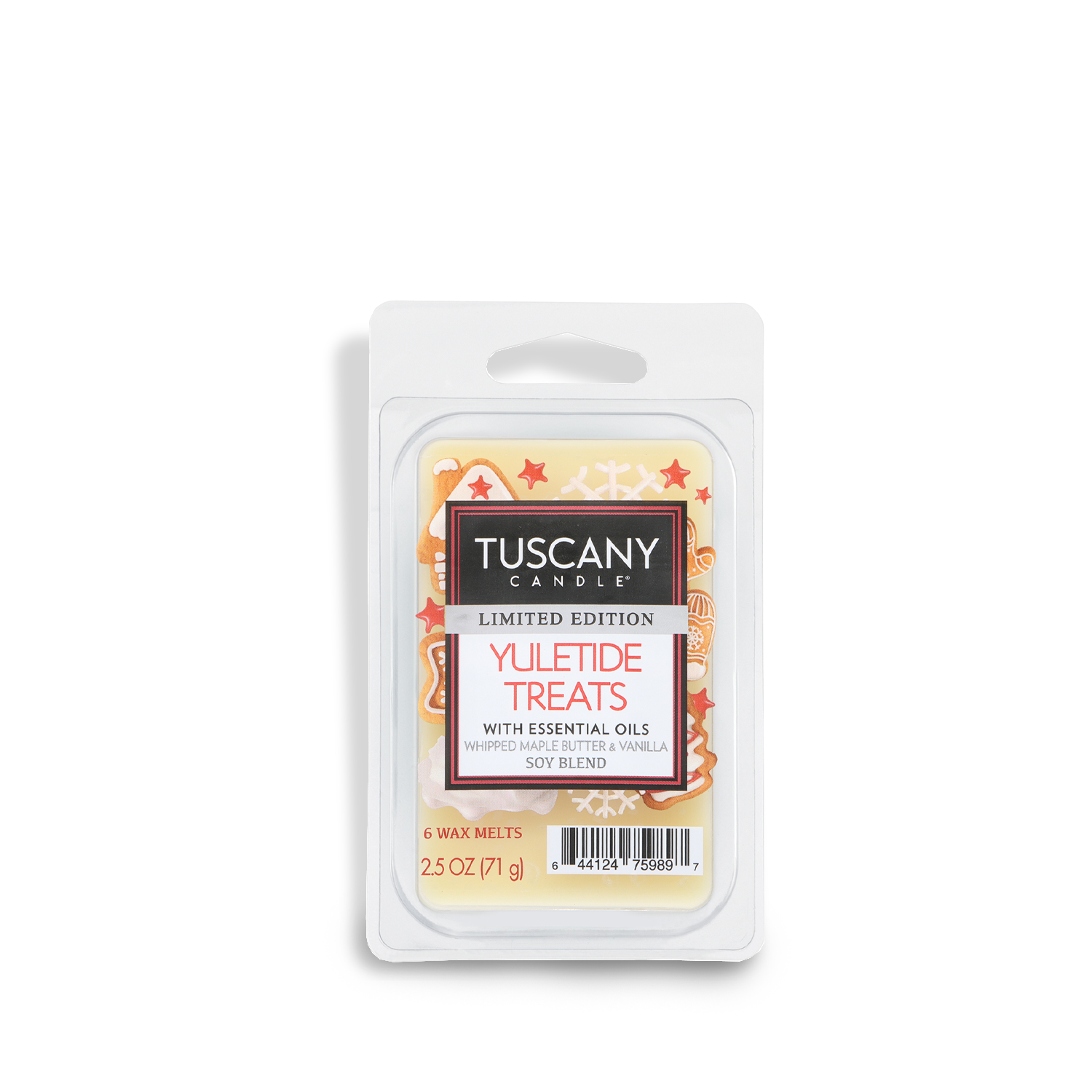 A 2.5 oz Tuscany Candle® SEASONAL Yuletide Treats: Whipped Maple & Vanilla Scented Holiday Wax Melt in a clamshell package, labeled as a limited edition with essential oils.