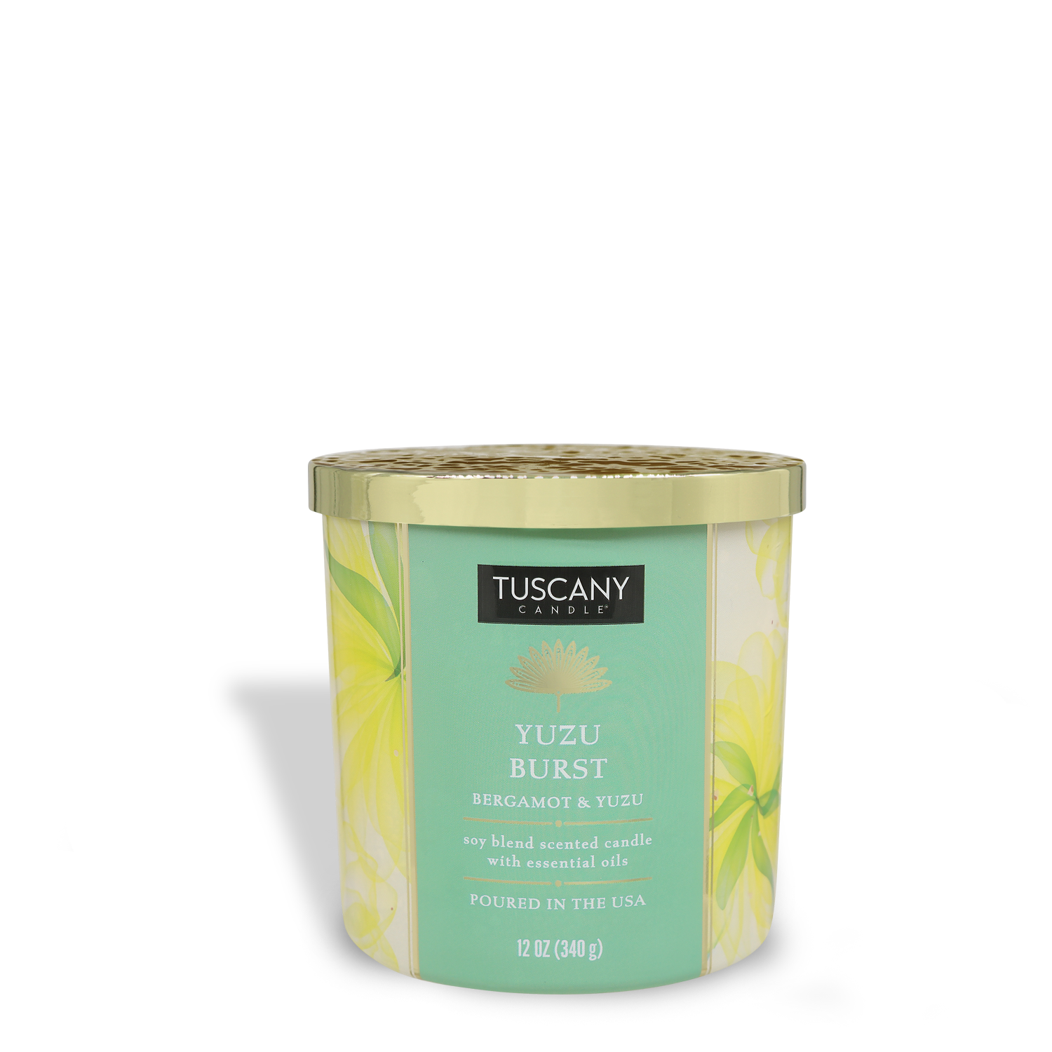 The Tuscany Candle® SEASONAL Yuzu Burst: Bergamot Scented Summer Candle (12 oz) from the Island Glam Collection features citrus notes in a stylish green and yellow container with a gold lid—ideal for brightening up summer.