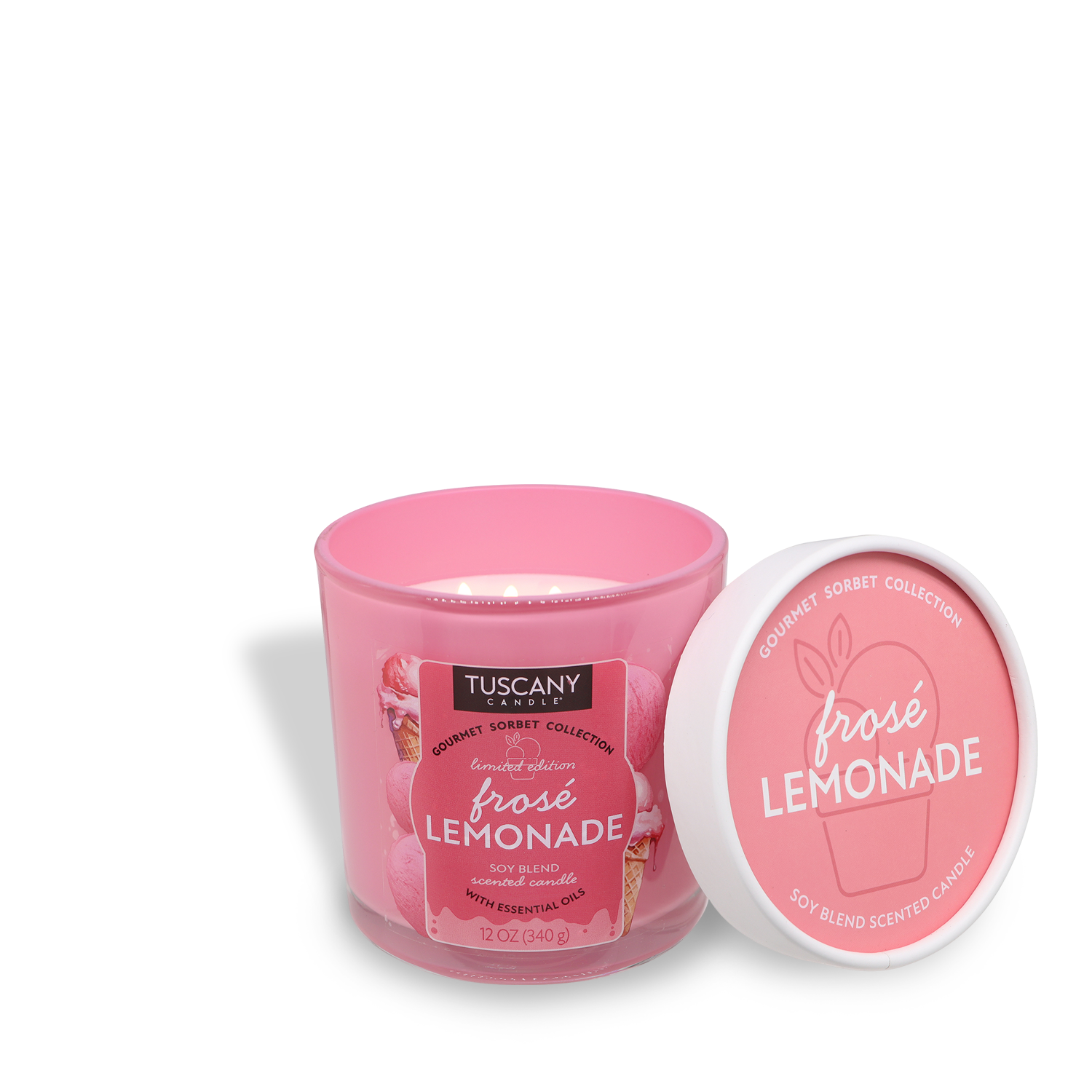 The Tuscany Candle® SEASONAL Frosé Lemonade: Tart Citrus Scented Candle (12 oz) from the Gourmet Sorbet Collection features a fruity fragrance—perfect for brightening your space this summer.