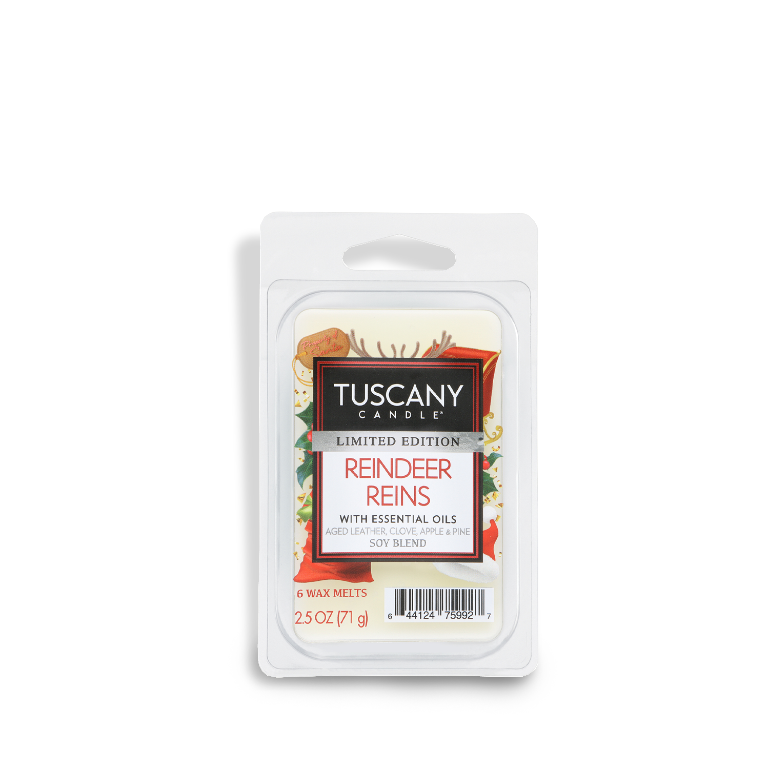 A 2.5 oz Tuscany Candle® SEASONAL "Reindeer Reins: Aged Leather & Pine" limited edition holiday wax melt, containing six melts.