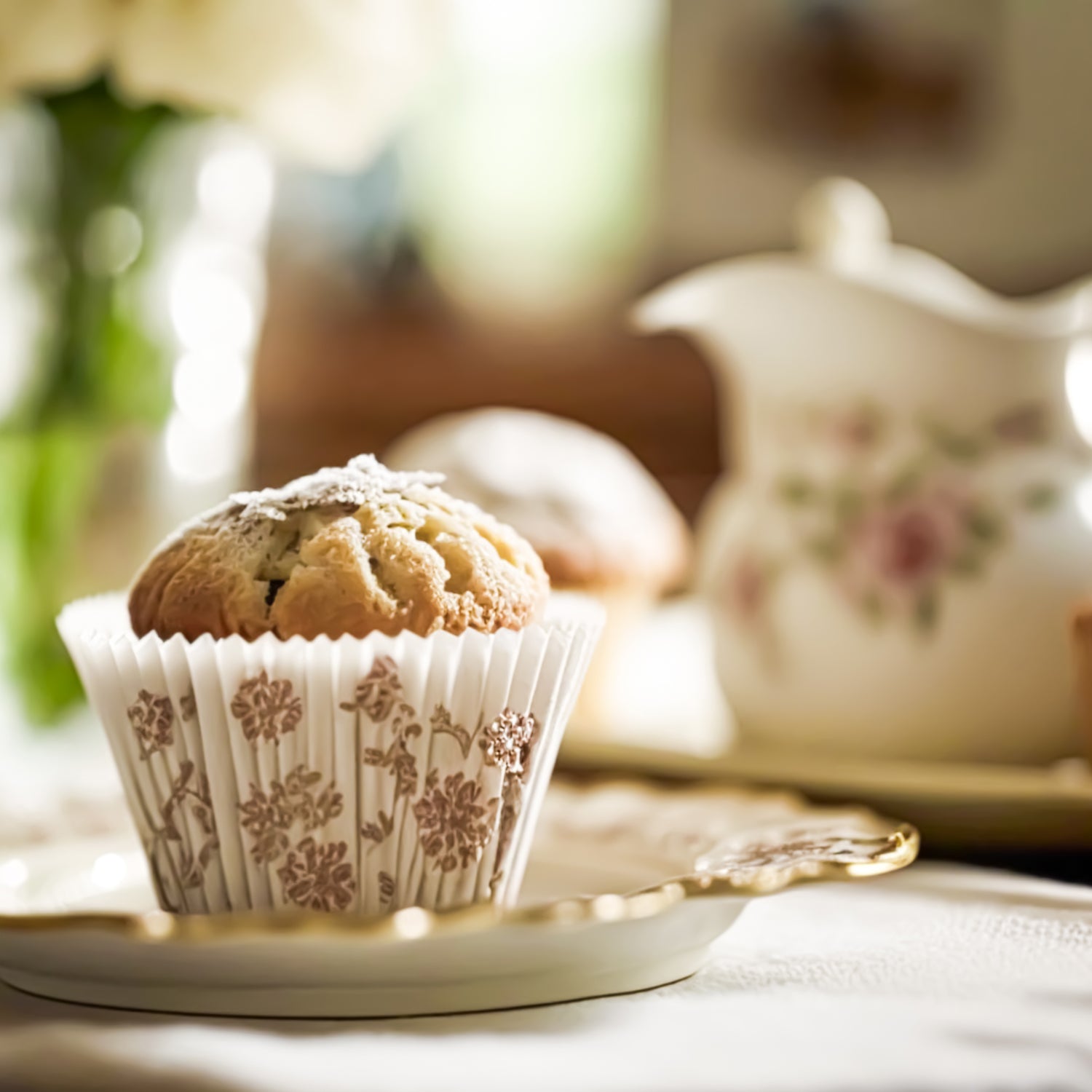 A Homemade Muffins Scented Jar Candle (12 oz) – Farmhouse Collection on a plate.