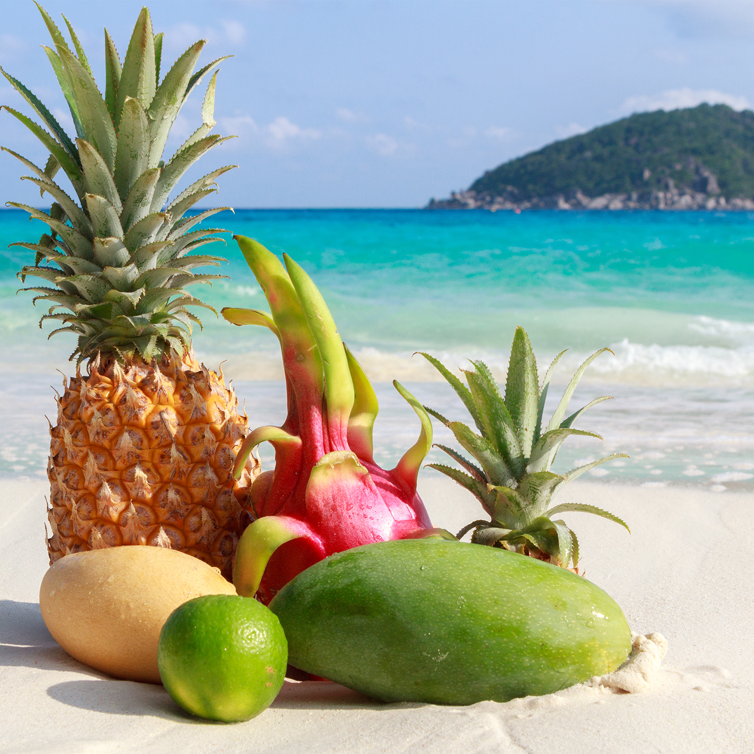 A Coconut Colada Long-Lasting Scented Jar Candle (14 oz) sitting on the sand next to the ocean, creating a tropical getaway ambiance with its Tuscany Candle fragrance.