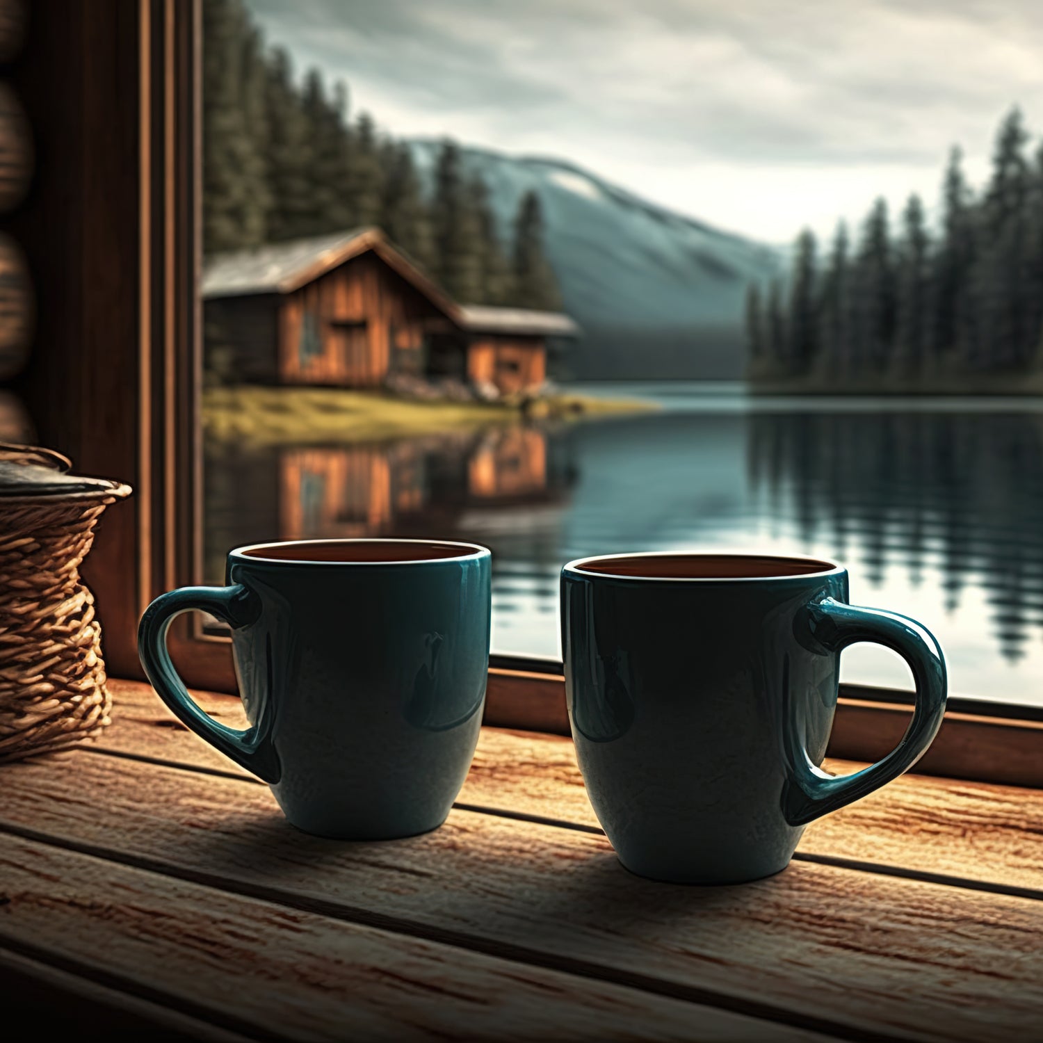 Two mugs on a window sill, accompanied by a Lakeside Rain Scented Jar Candle (12 oz) from the Tuscany Candle® EVD Farmhouse Collection.