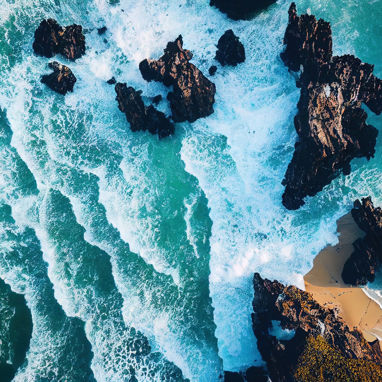 An aerial view of a tranquil beach with soothing waves and picturesque cliffs, perfect for enhancing one's well-being with the Mountain Clarity Scented Jar Candle (15 oz) from Tuscany Candle – Elemental Aromatics Collection.