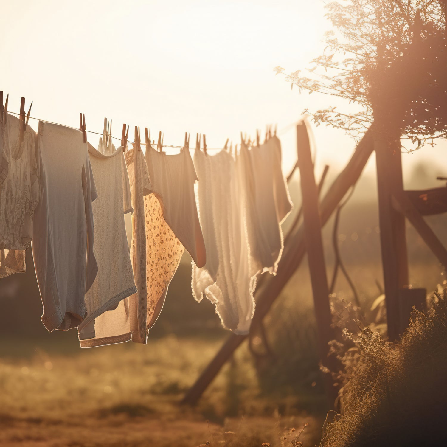 Clothes hang on a laundry line on a bright summer day. Scenes such as this are part of the inspiration for our "Weathered wood" scented candle