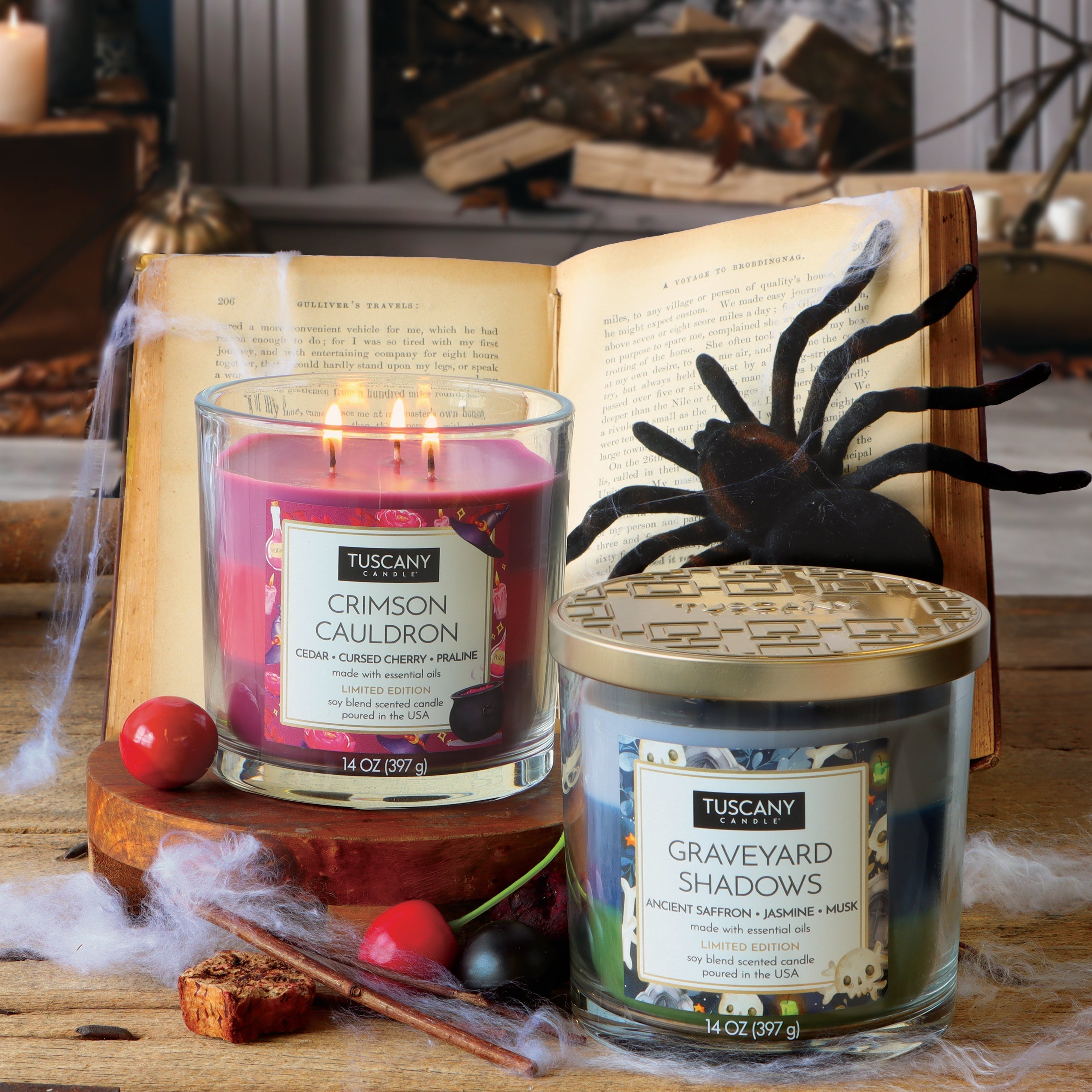 Tuscany Candle 2026 Halloween candles, Crimson Cauldron and Graveyard Shadows, 14oz jars with Halloween-themed decor.