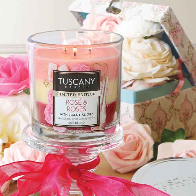 A romantic Valentine's Day Candle on a glass pedestal