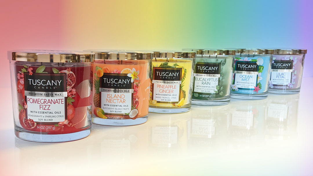 Tucan scented candles in a rainbow of colors.