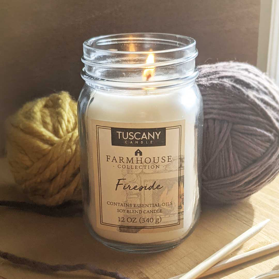 Fireside scented jar candle (12 oz) – Farmhouse Collection by Tuscany Candle.
