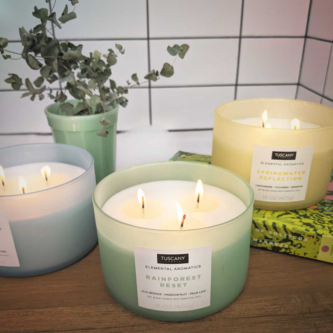 Three Rainforest Reset Scented Jar Candles (15 oz) from Tuscany Candle are sitting on a table next to a plant.
