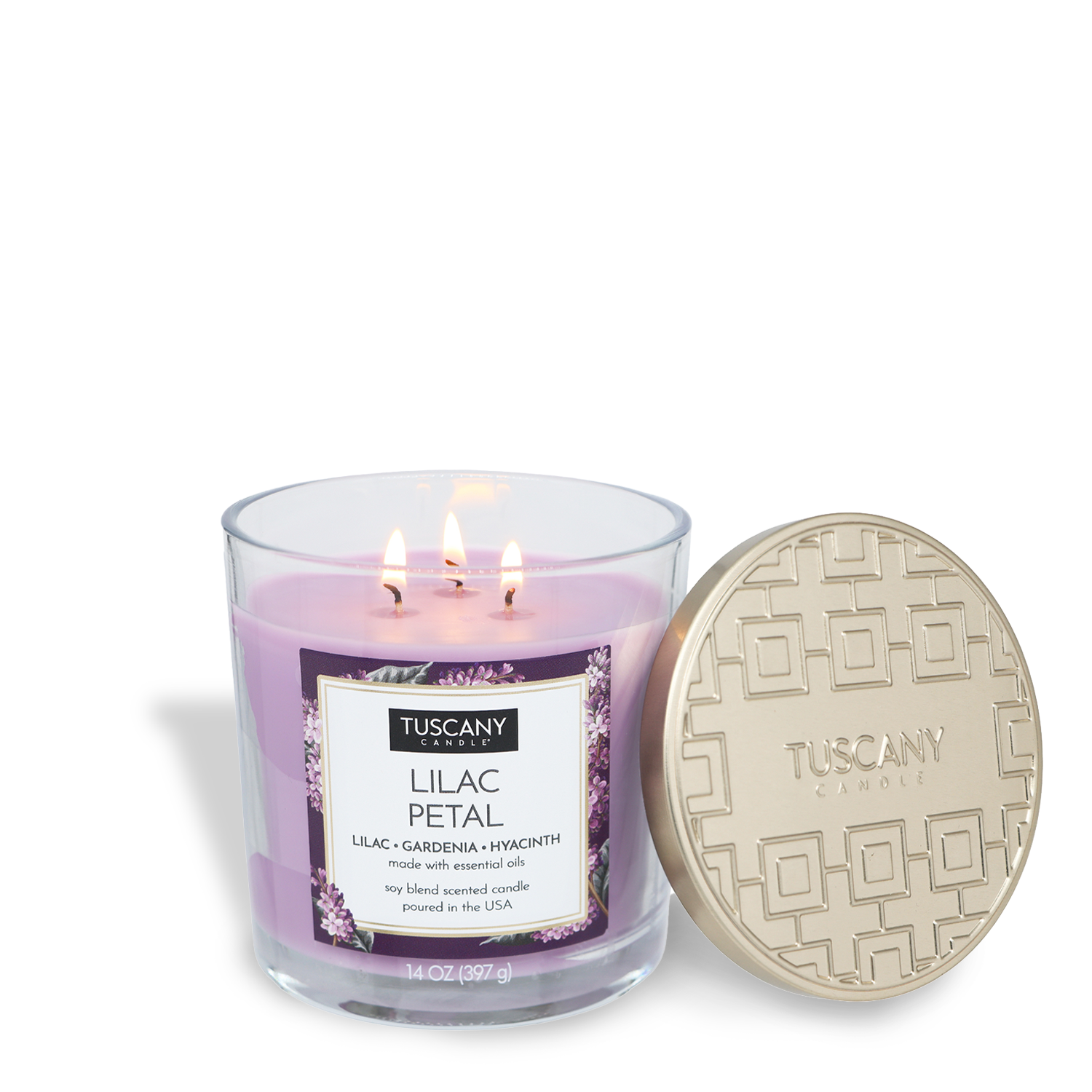 A Tuscany Candle® EVD Lilac Petal Long-Lasting Scented Jar Candle (14 oz) with purple soy wax and three wicks is shown next to a beige geometric-embossed decorative lid.