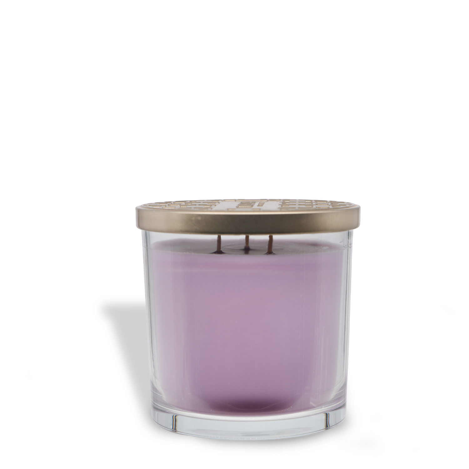 The Tuscany Candle® EVD Lilac Petal Long-Lasting Scented Jar Candle (14 oz) features a glass jar of light purple soy blend wax with three wicks and a metallic lid—an elegant touch for your space.
