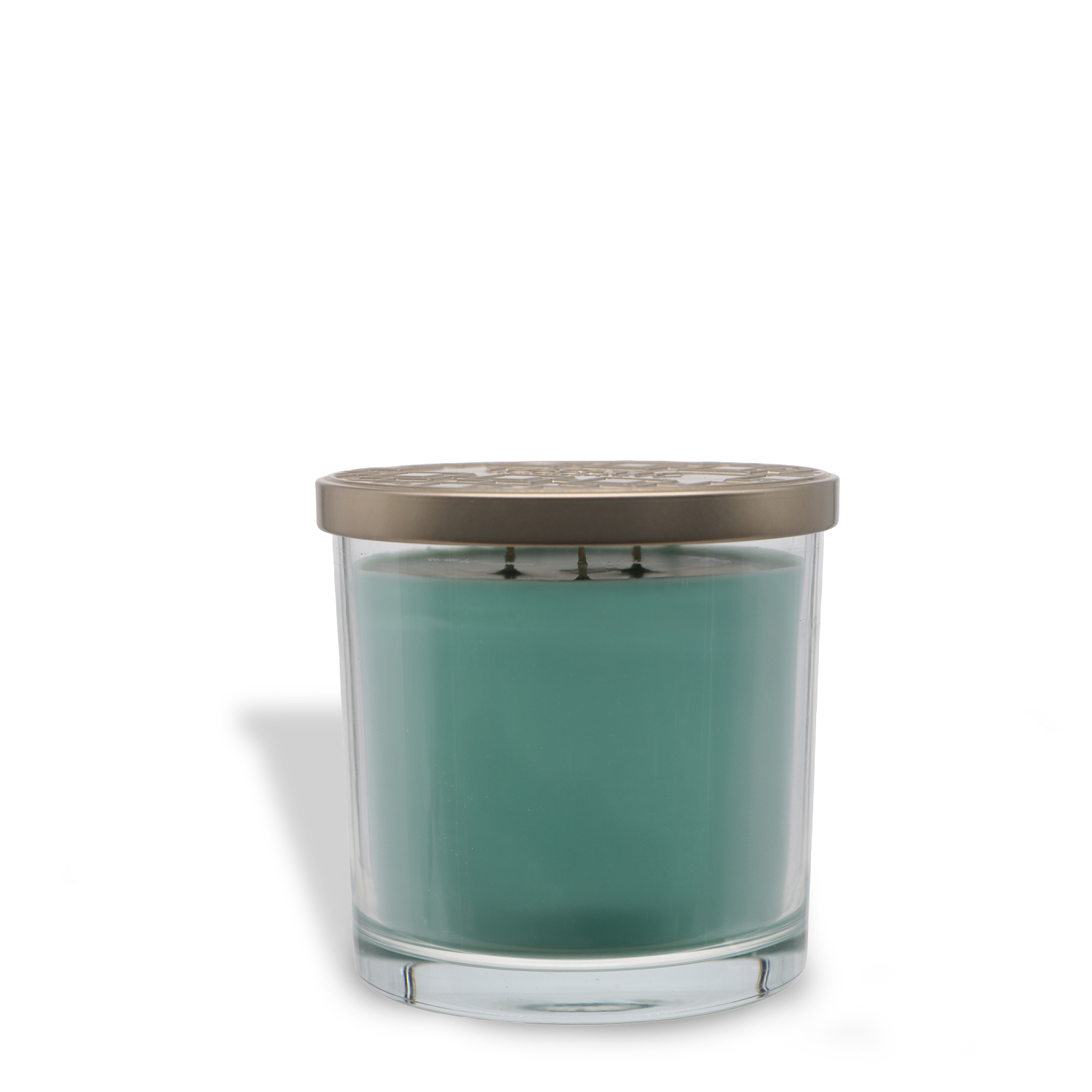 The Tuscany Candle® EVD Eucalyptus Mint Long-Lasting Scented Jar Candle (14 oz) features a teal hue in a clear glass jar with a metallic lid, displayed against a white background.
