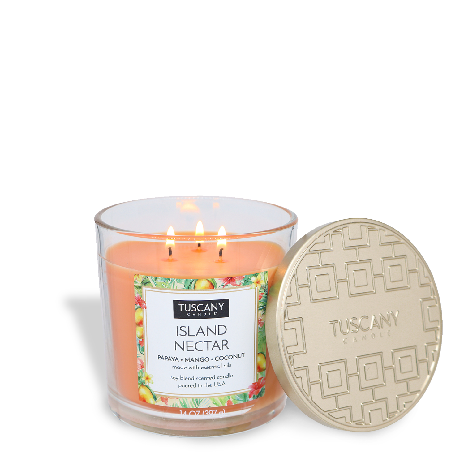The Tuscany Candle® EVD Island Nectar Long-Lasting Scented Jar Candle (14 oz) fills your space with papaya, mango, and coconut aromas. The elegant three-wick candle features a beige lid placed beside its glass jar.