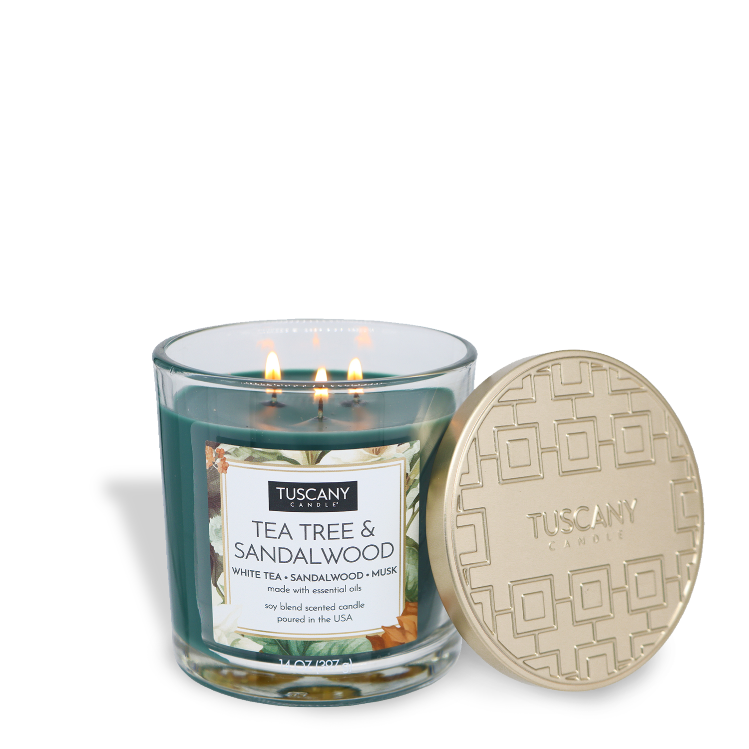The Tuscany Candle® EVD Tea Tree & Sandalwood Long-Lasting Scented Jar Candle (14 oz) features a soy-blend wax, three wicks, and comes with a gold textured lid resting beside the glass jar.