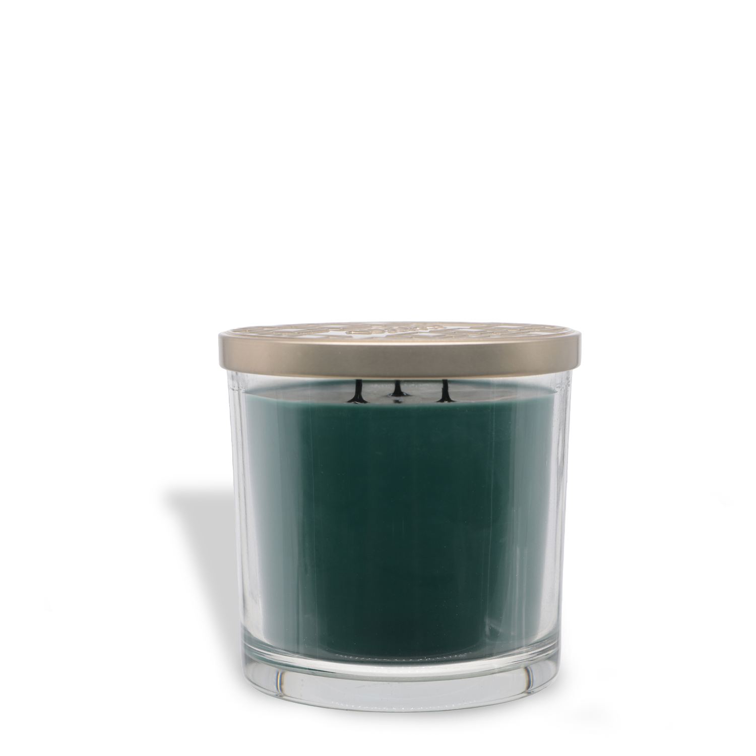 The Tuscany Candle® EVD Tea Tree & Sandalwood Long-Lasting Scented Jar Candle (14 oz) features a green soy-blend wax with three wicks in a clear glass container topped with a metallic lid, shown on a white background.