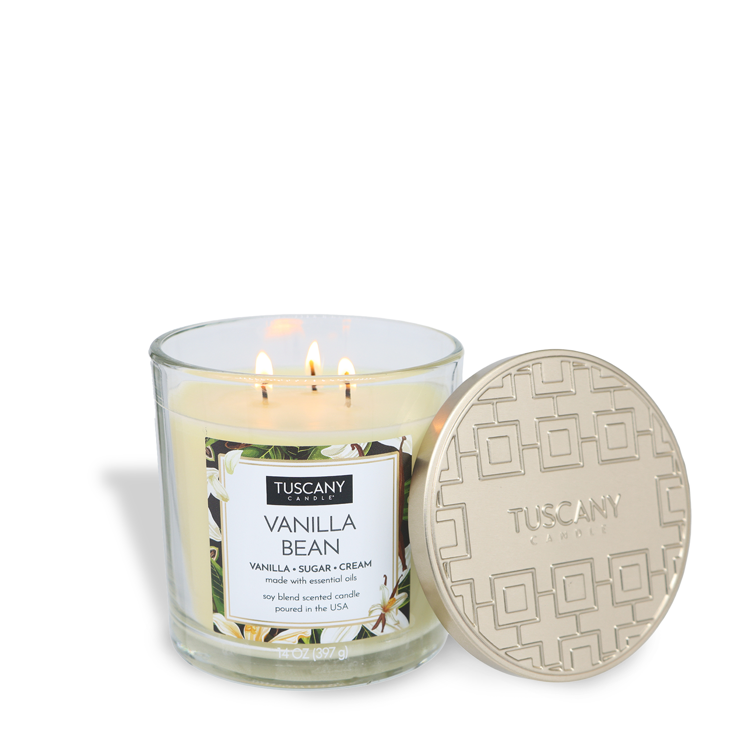 Experience the comforting aroma of the 14 oz Tuscany Candle® EVD Vanilla Bean Long-Lasting Scented Jar Candle, featuring notes of vanilla, sugar, and cream in a stylish glass jar with a decorative gold lid.