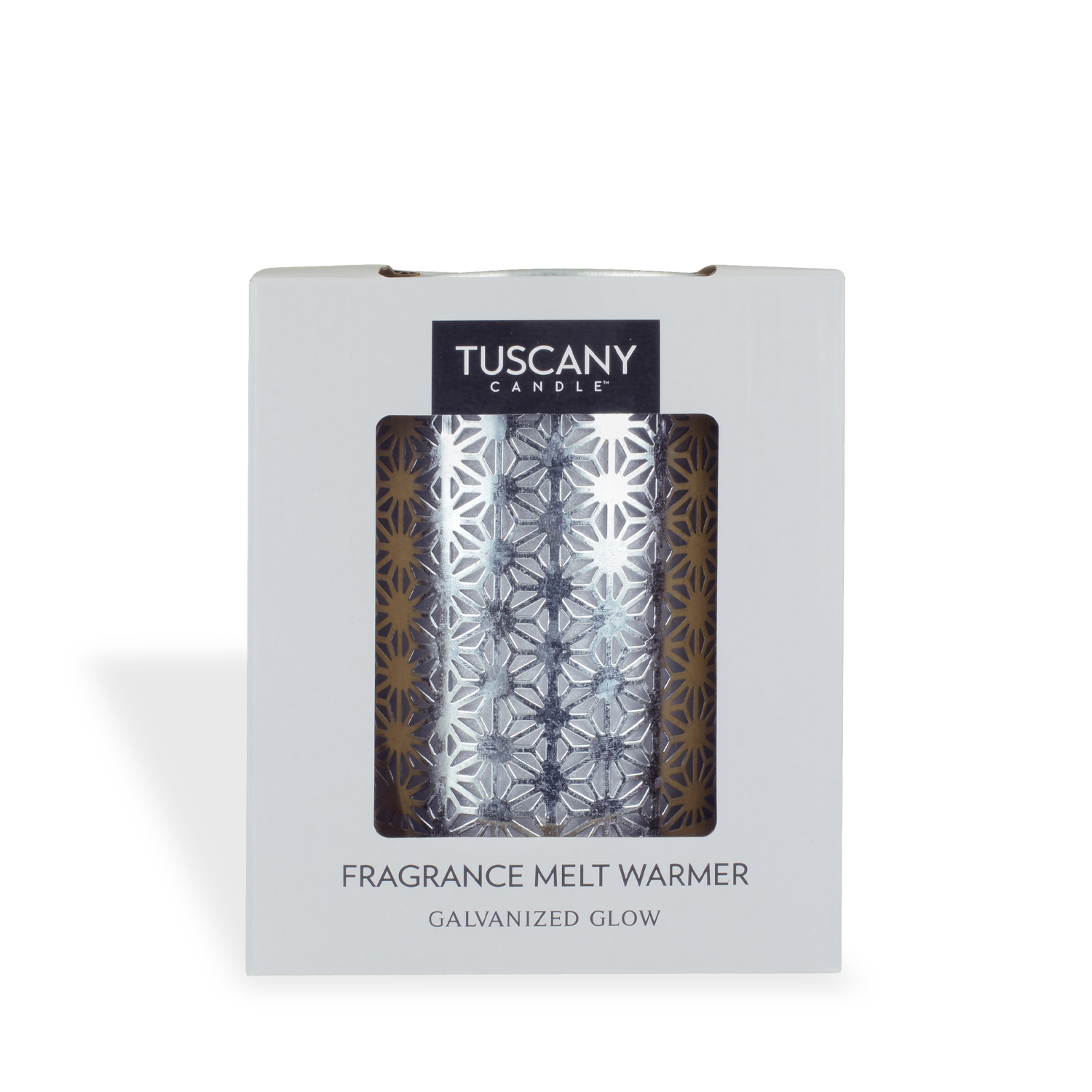 A Tuscany Candle® Everyday Galvanized Metal Outlet Wax Melt Warmer in a white box with a cutout displays the silver, patterned warmer labeled "Galvanized Glow.