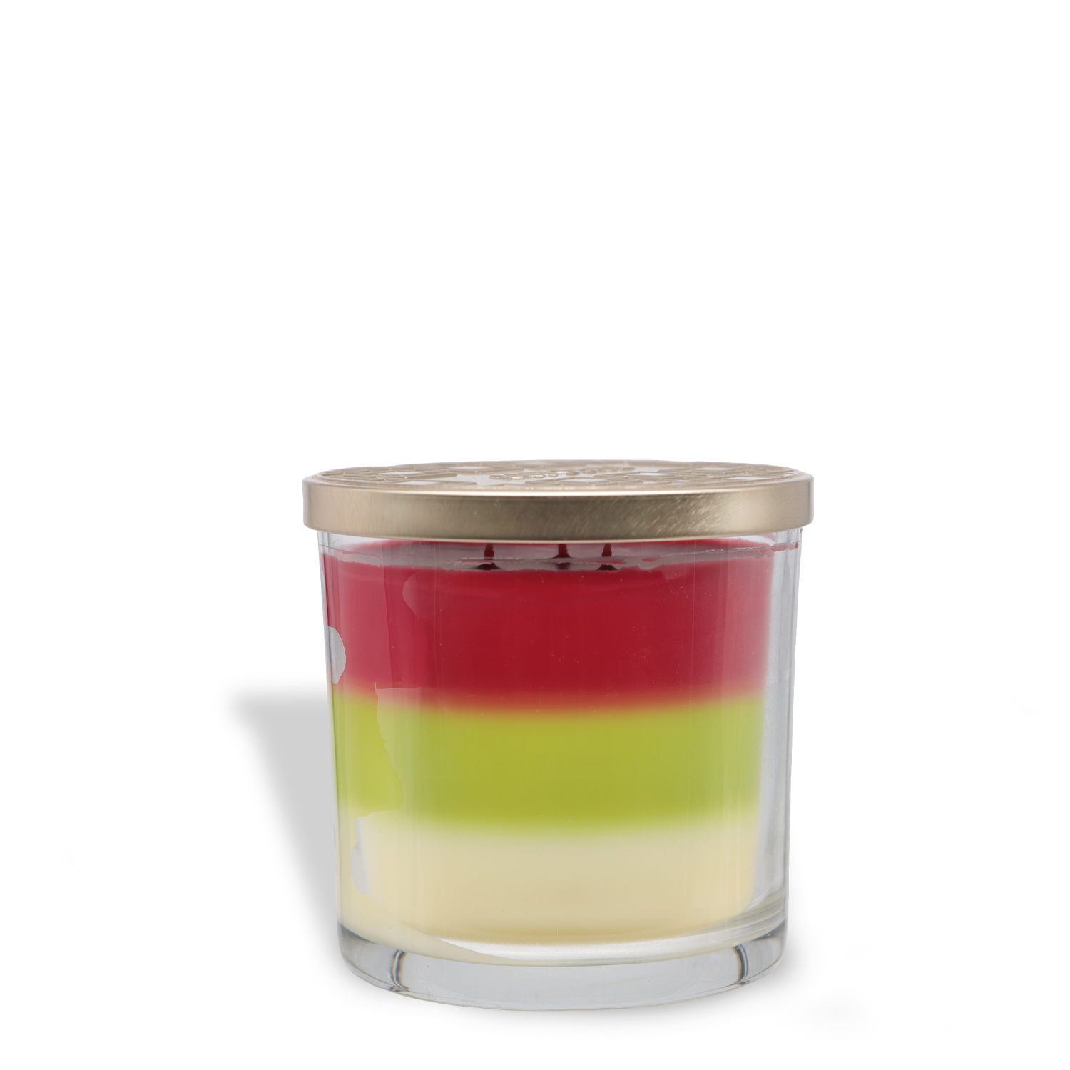 The Tuscany Candle® EVD Orchard Apple Long-Lasting Scented Jar Candle (14 oz) features three colored layers—white, yellow, and red—with orchard apple fragrance and a gold lid, displayed on a white background.